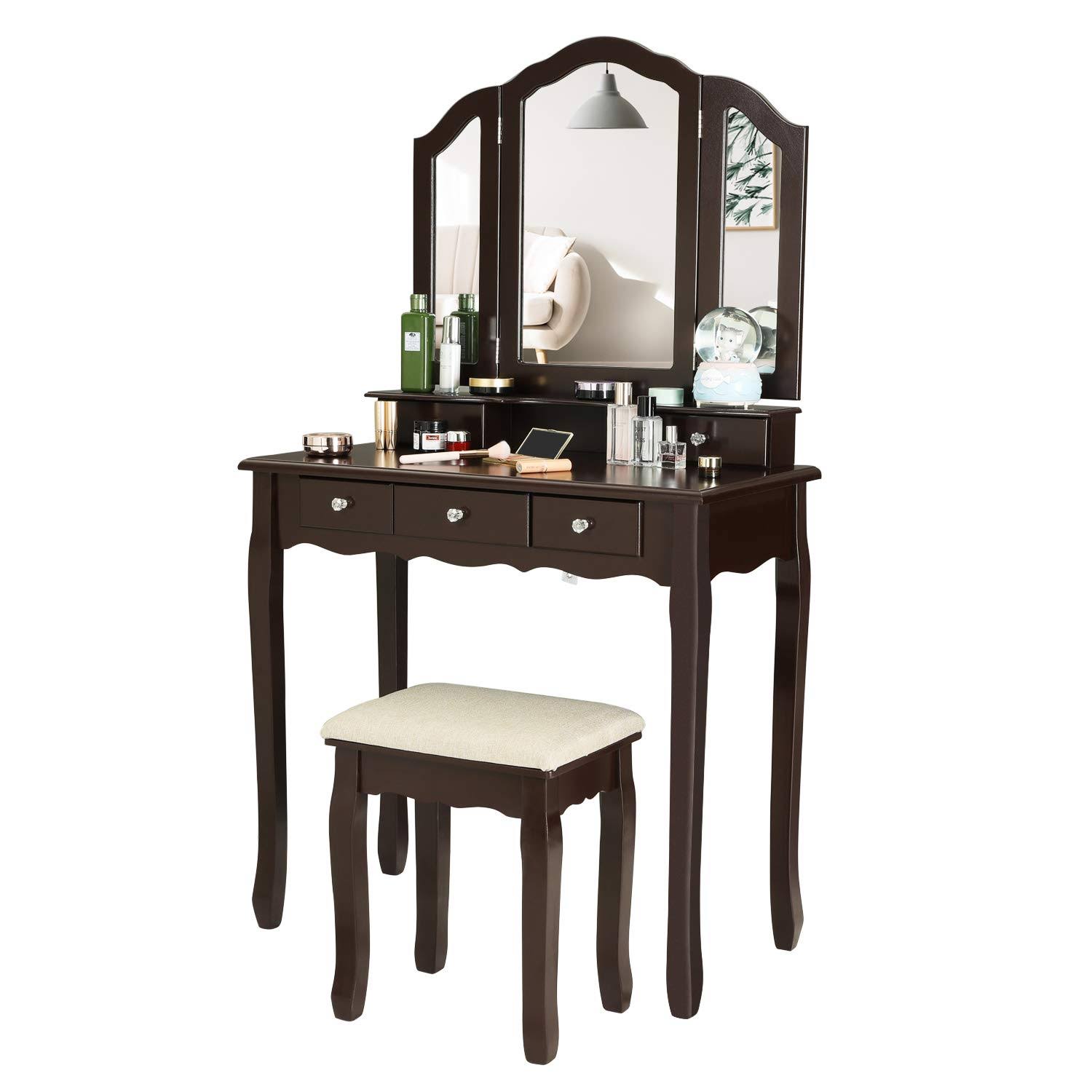 Tiptiper Vanity Set, Makeup Vanity with Tri-Folding Necklace Hooked Mirror, Vanity Table Dressing Table with Cushioned Stool and