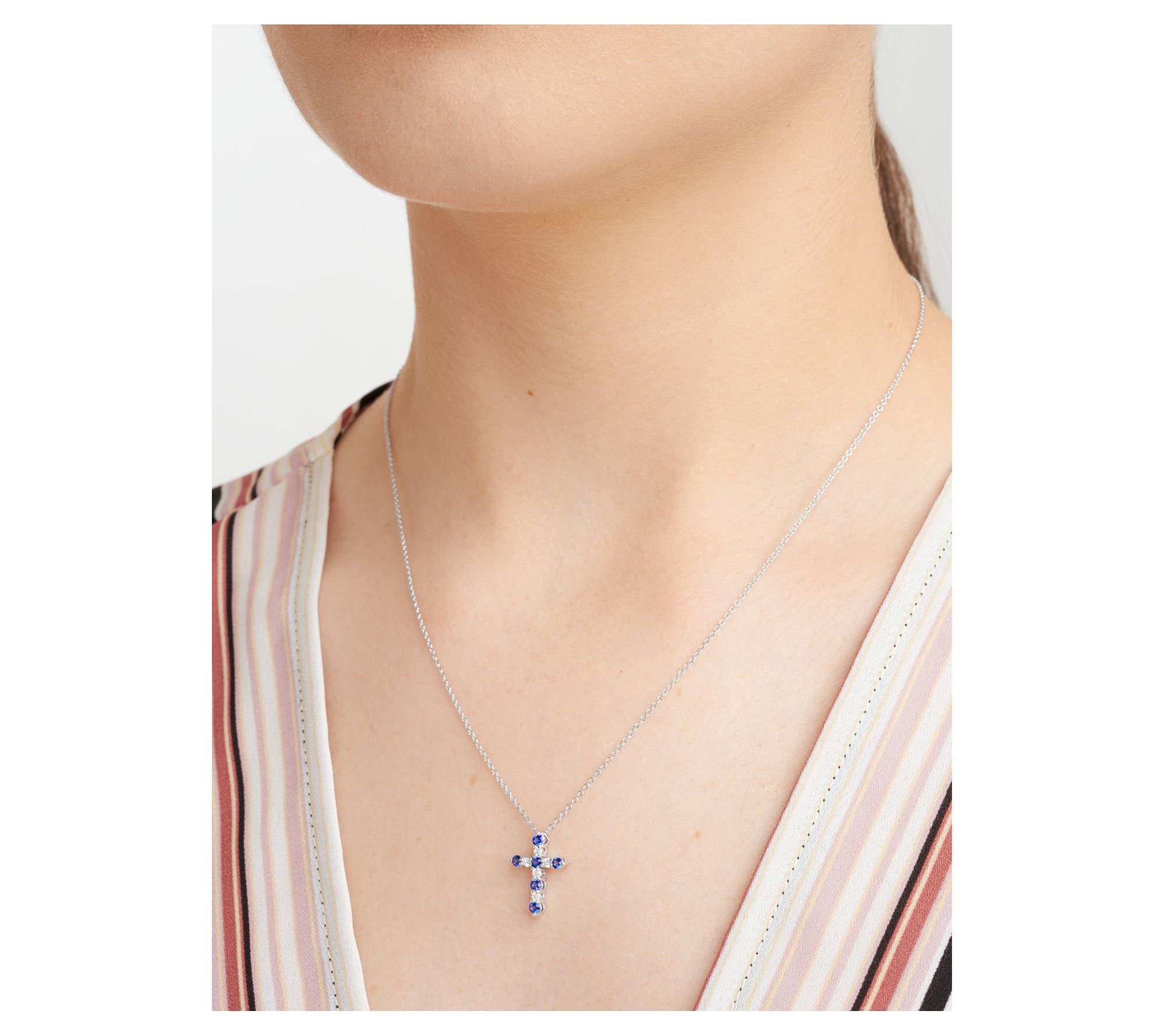 LuxLab Grown Sapphire & Diamond Cross Necklace, Sterling