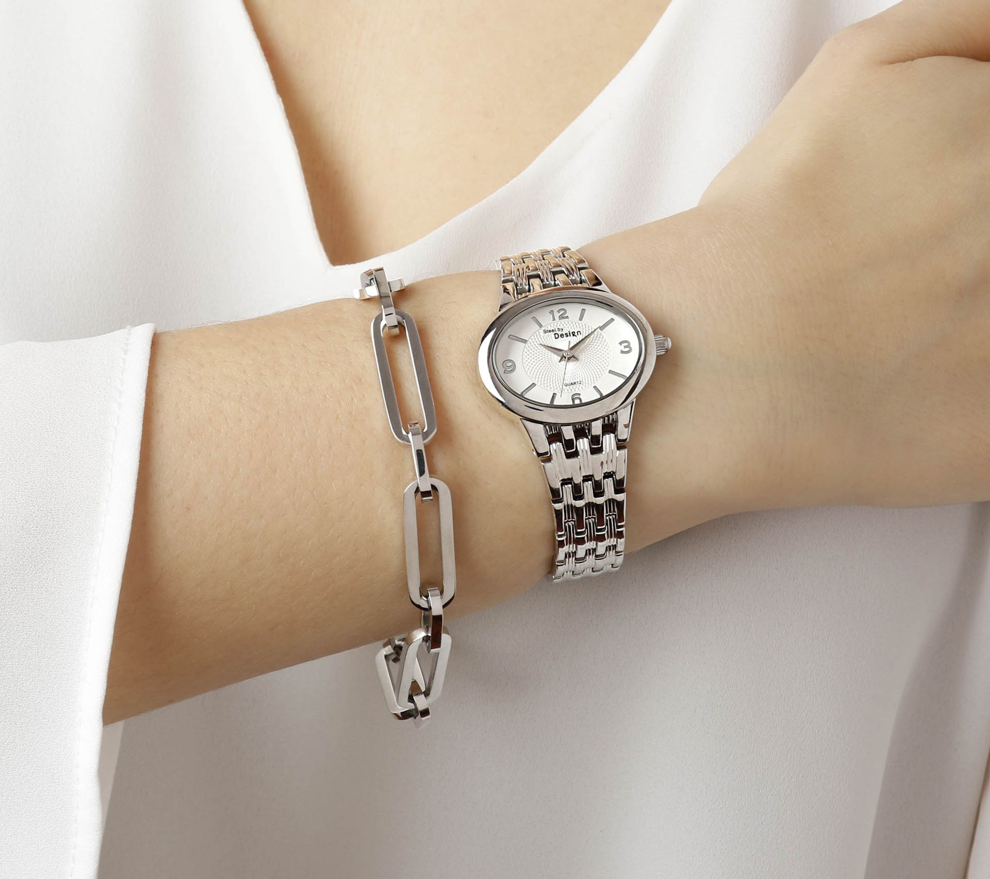 Steel by Design Paperclip Bracelet & Stampato Watch Set