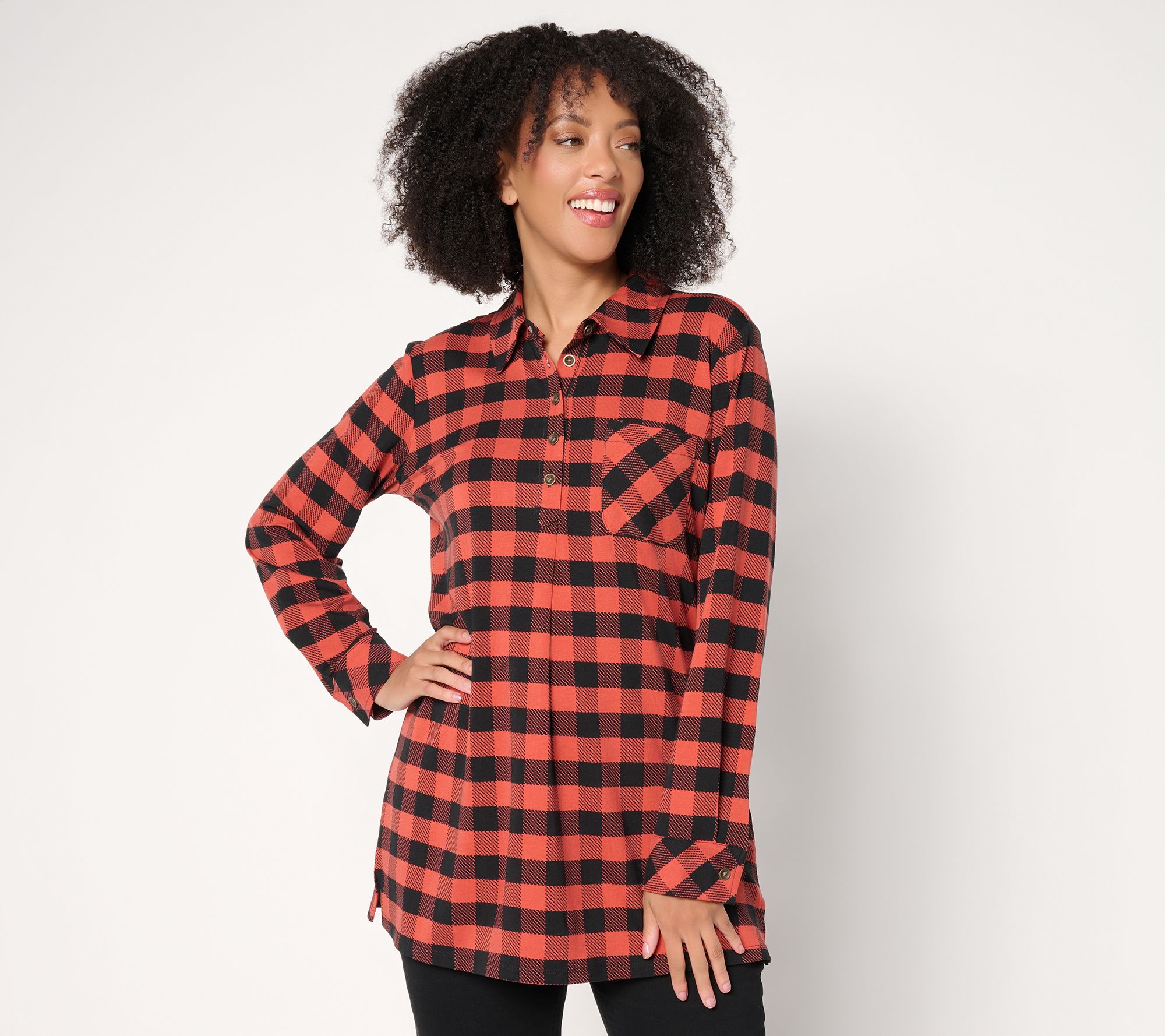 Denim & Co. Regular Buffalo Check So Soft Jersey Henley Tunic