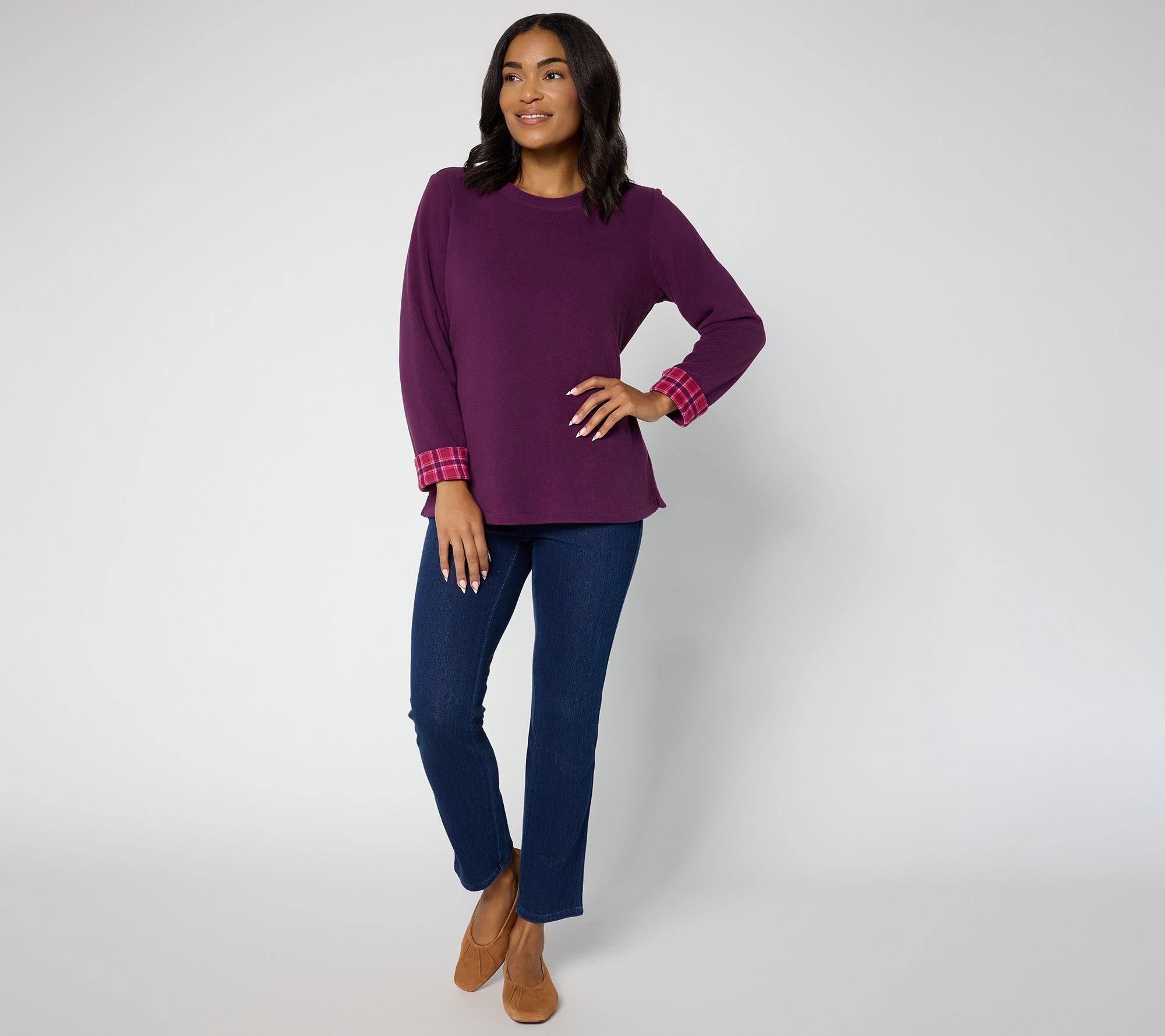 Denim & Co. Fleece Top with Plaid Accents
