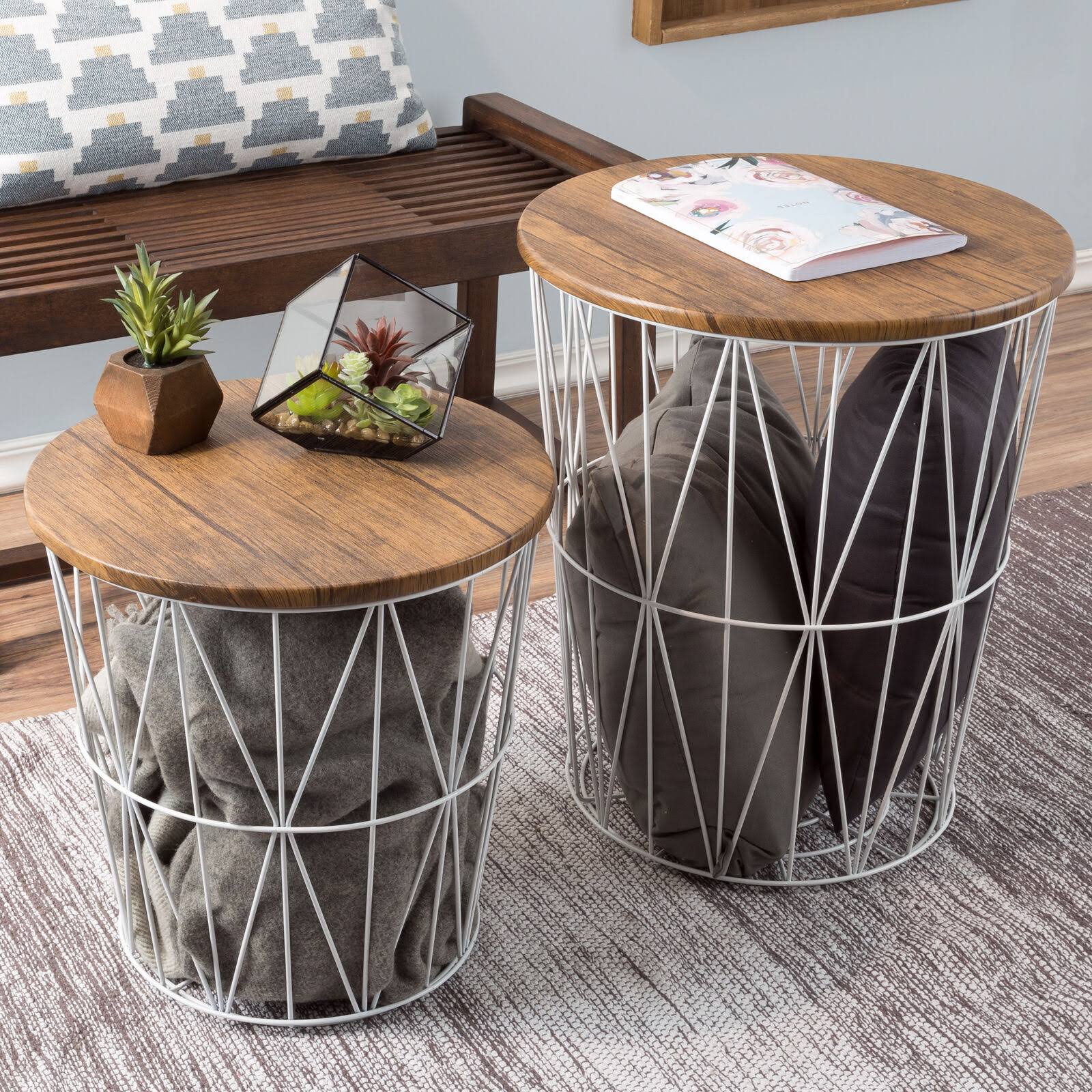 Nesting End Tables with Storage- Set of 2 Convertible Round Meta