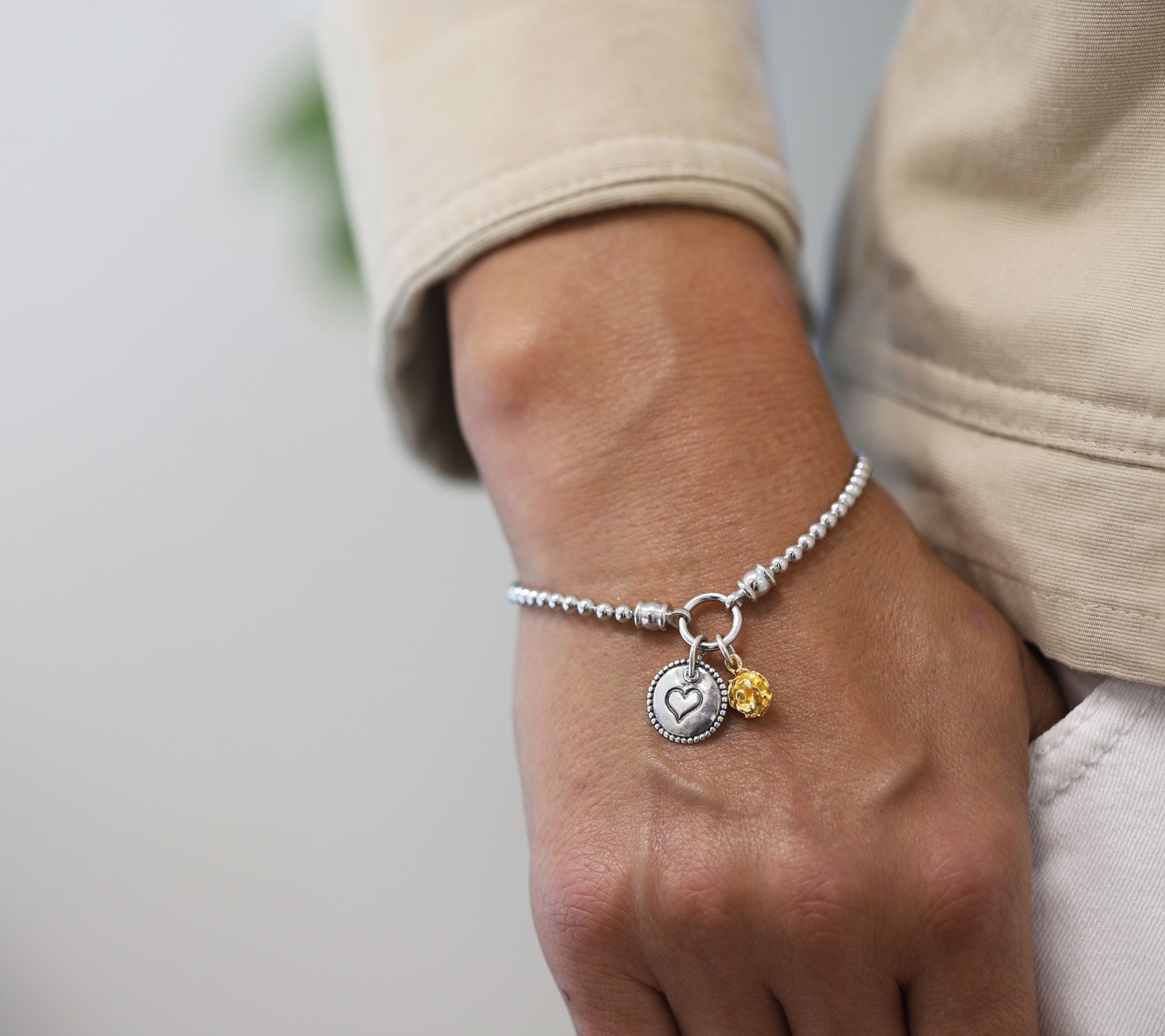 Or Paz Two-Tone Rose and Heart Charm Beaded Bracelet