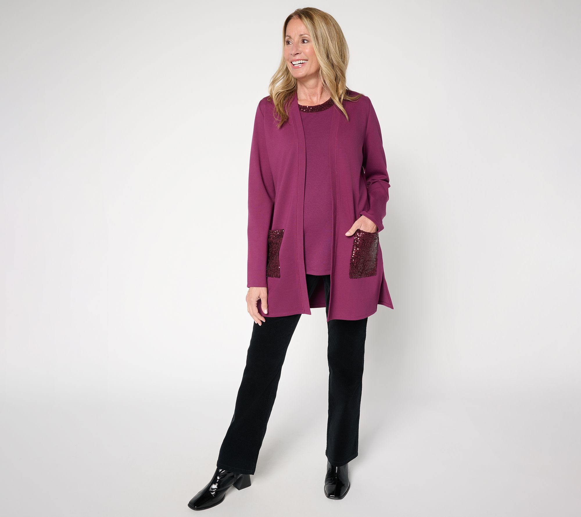 Jingle Belles by Kim Gravel Petite Sequin Pocket Ponte Duster Cardigan