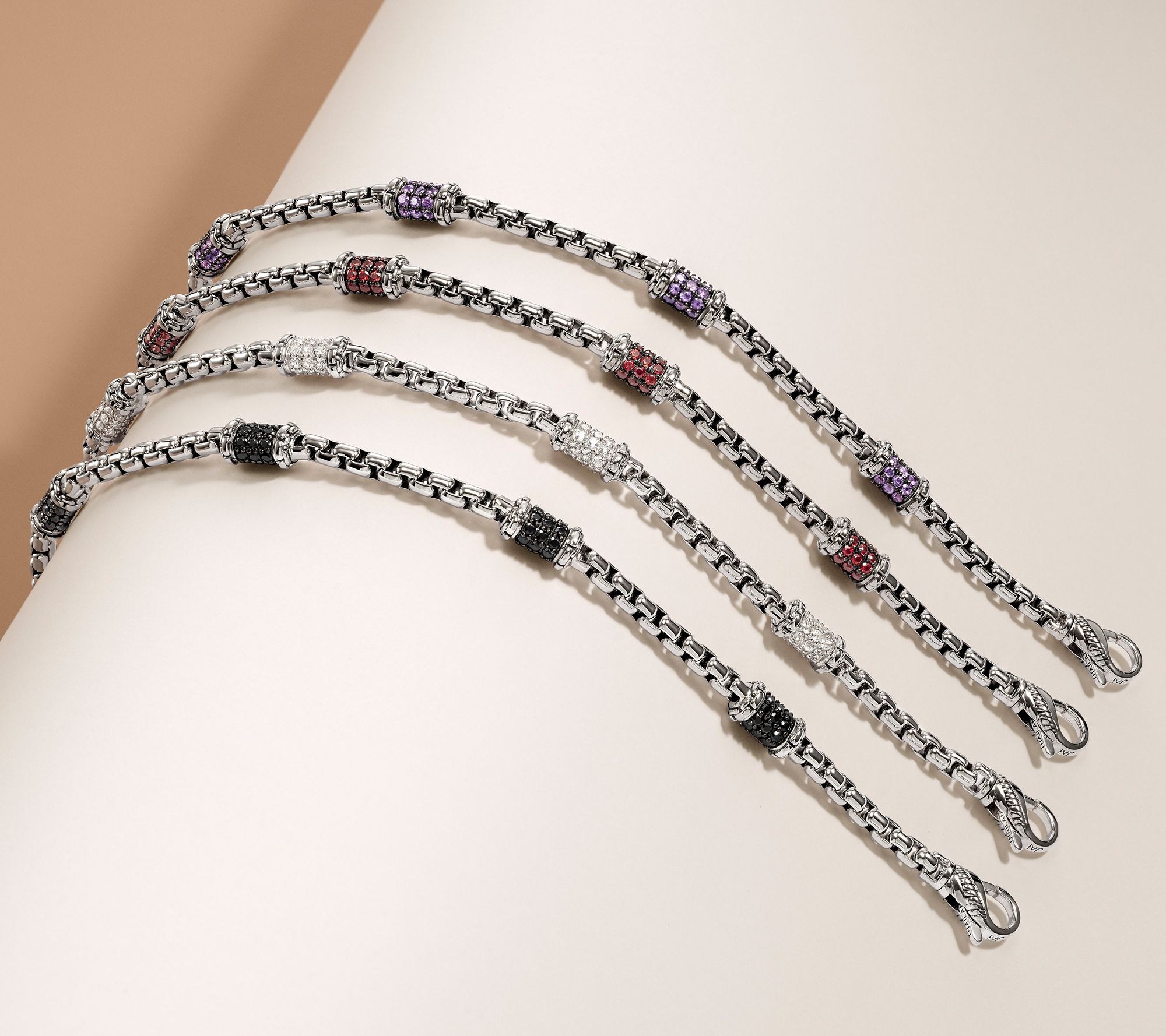 JAI Sterling Silver Pave Station 3.7mm Box Chain Bracelet, 13.0g