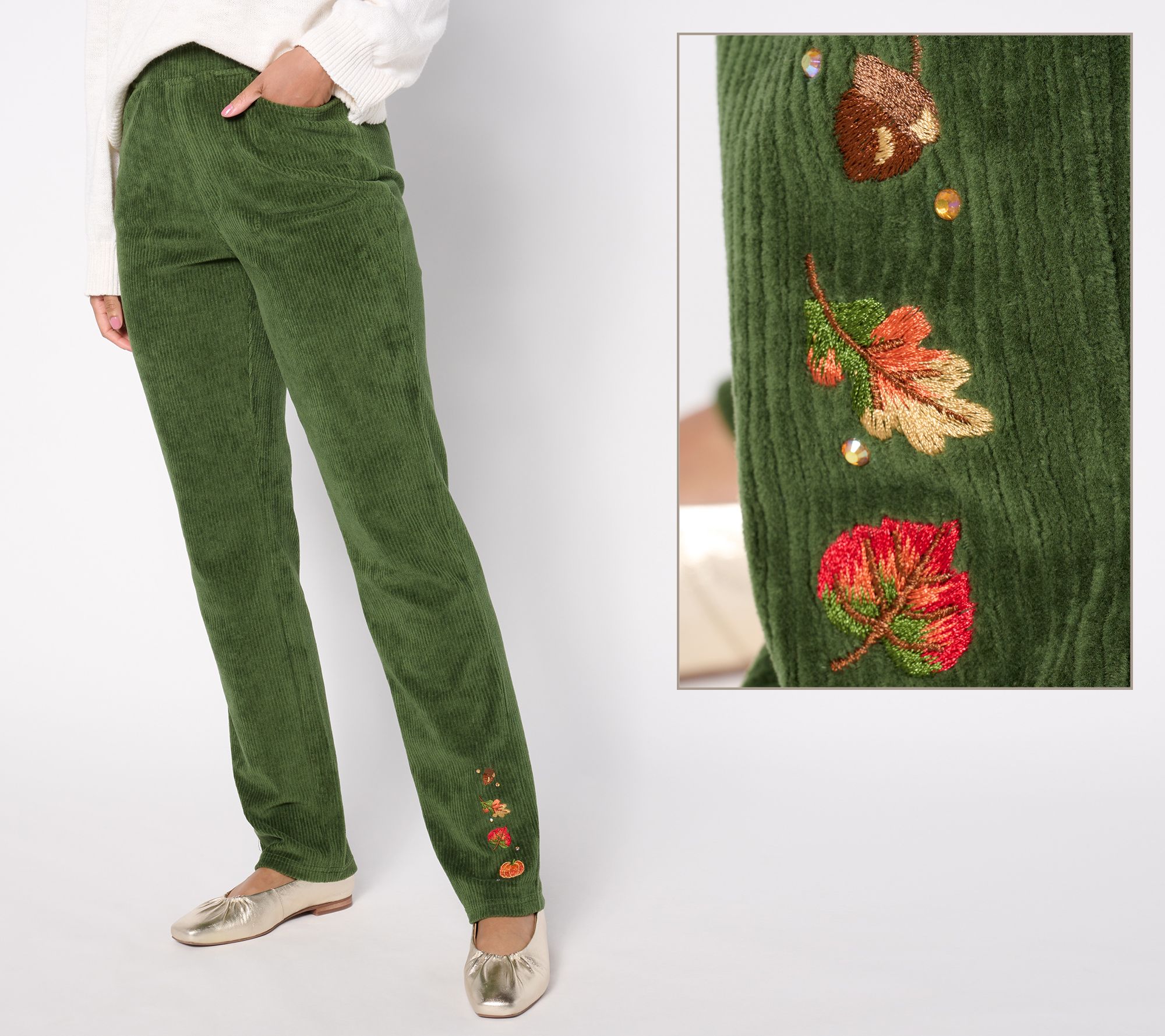 Quacker Factory Regular Emroidered Fall Folly Corduroy Pants