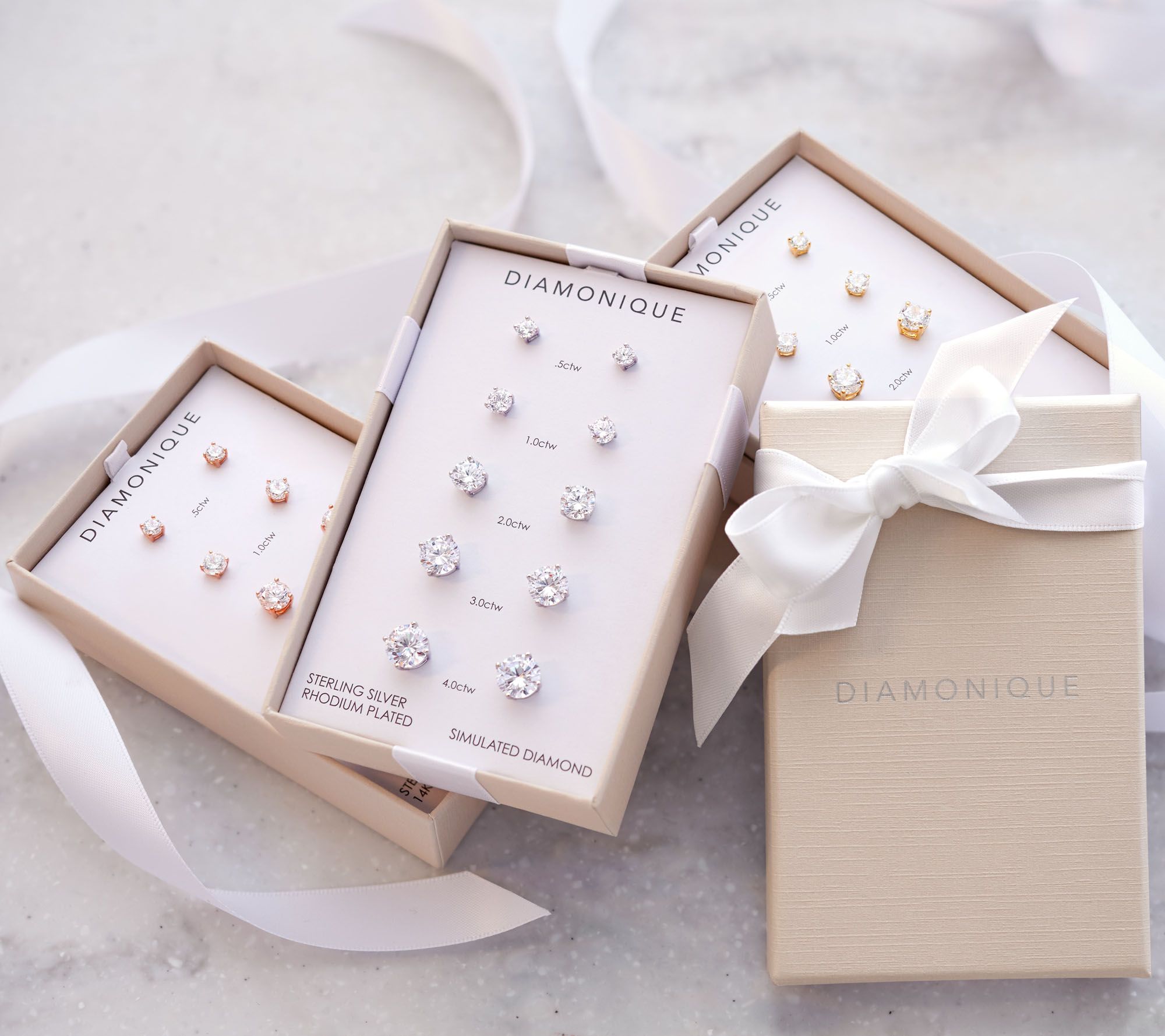 Diamonique Set of 5 Stud Earrings, Sterling or 14K Plated, Boxed