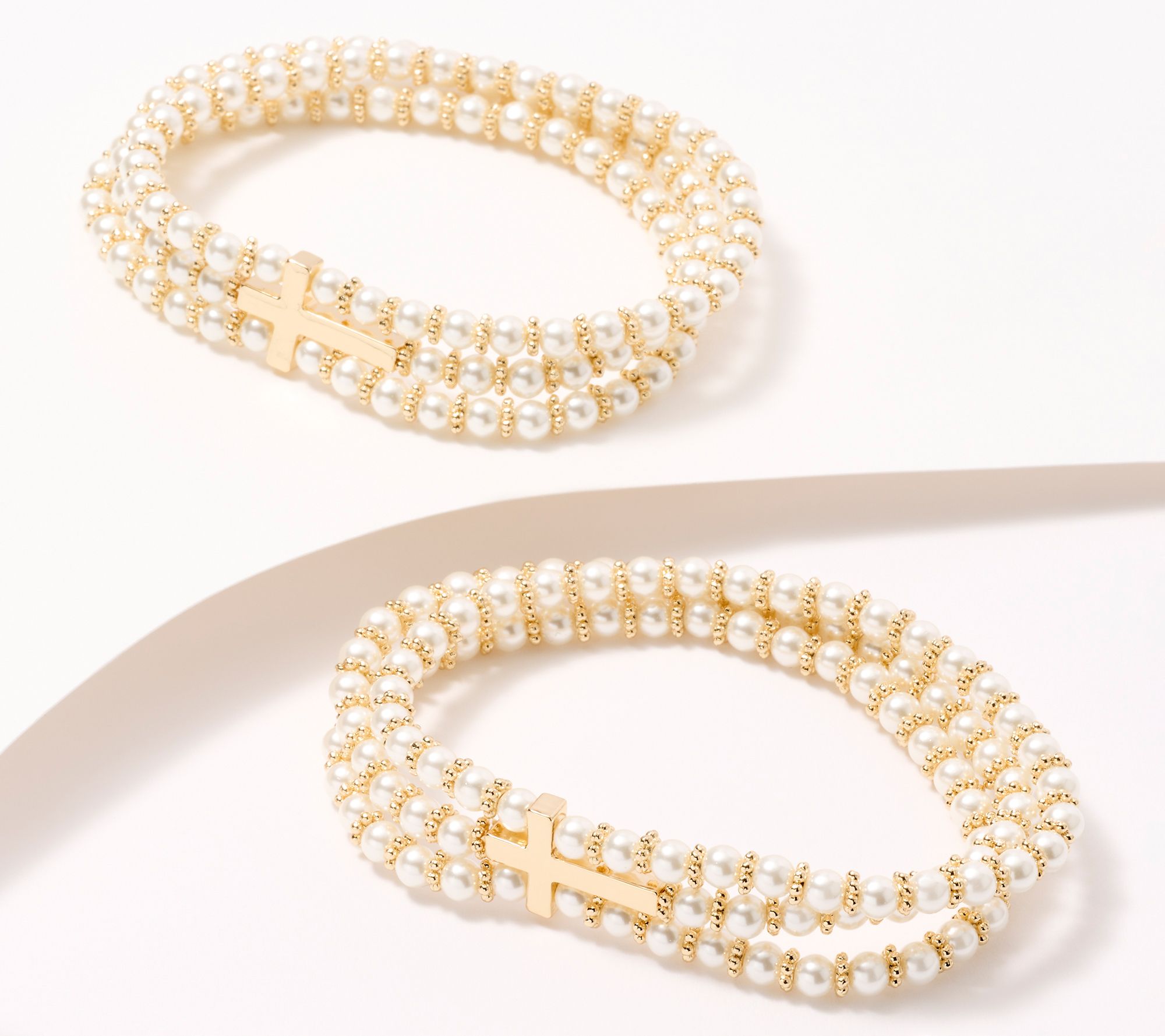 Faithful Heart S/2 Faux Pearl Bracelets with Cross by Valerie