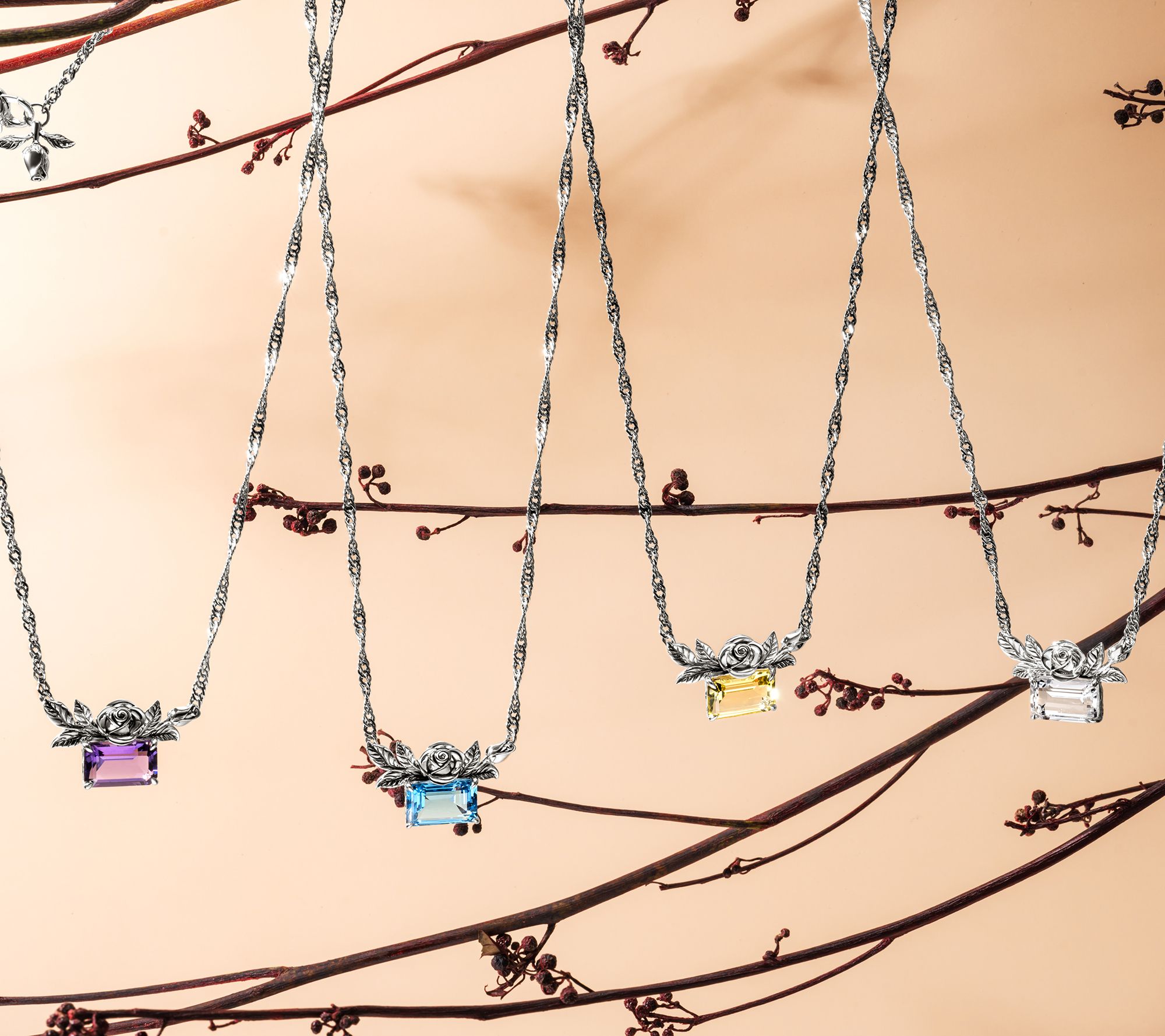 Third Person Sterling Emerald Cut Gemstone Rose Necklace