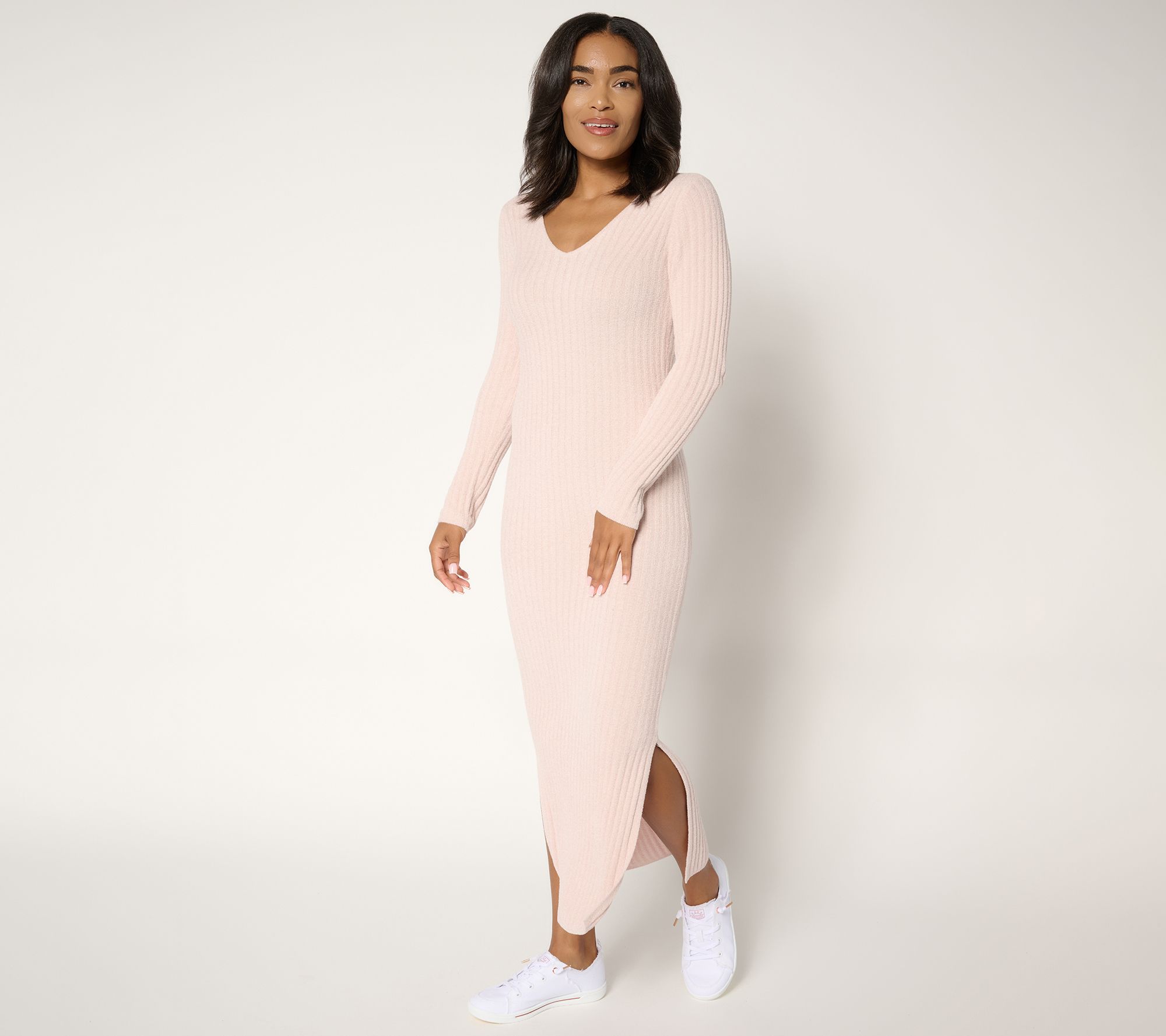 Barefoot Dreams Reg. CozyChic Ultra Lite Long Sleeve V Ribbed Dress