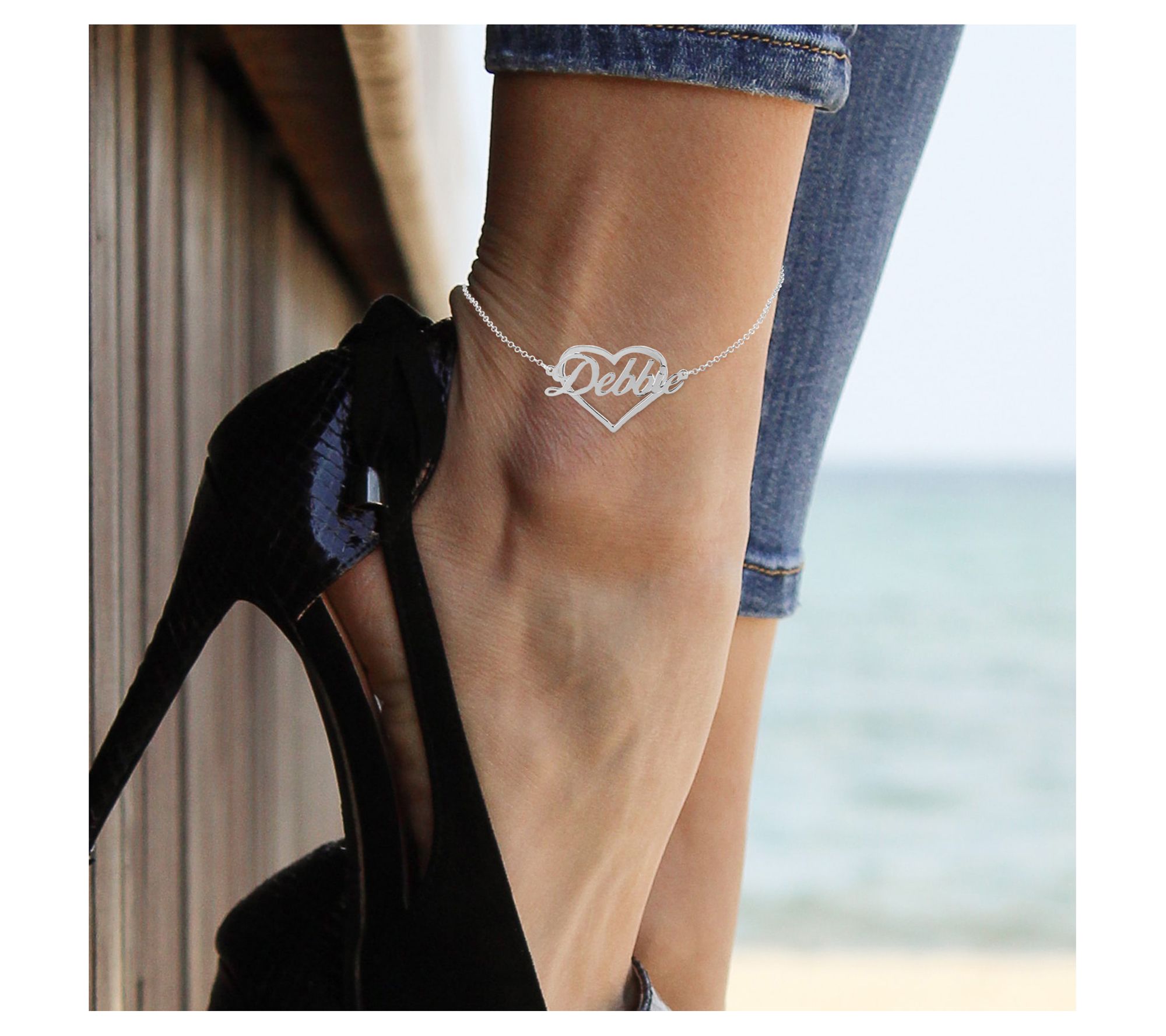 Sterling Silver Name in Silhouette Heart Ankle Bracelet