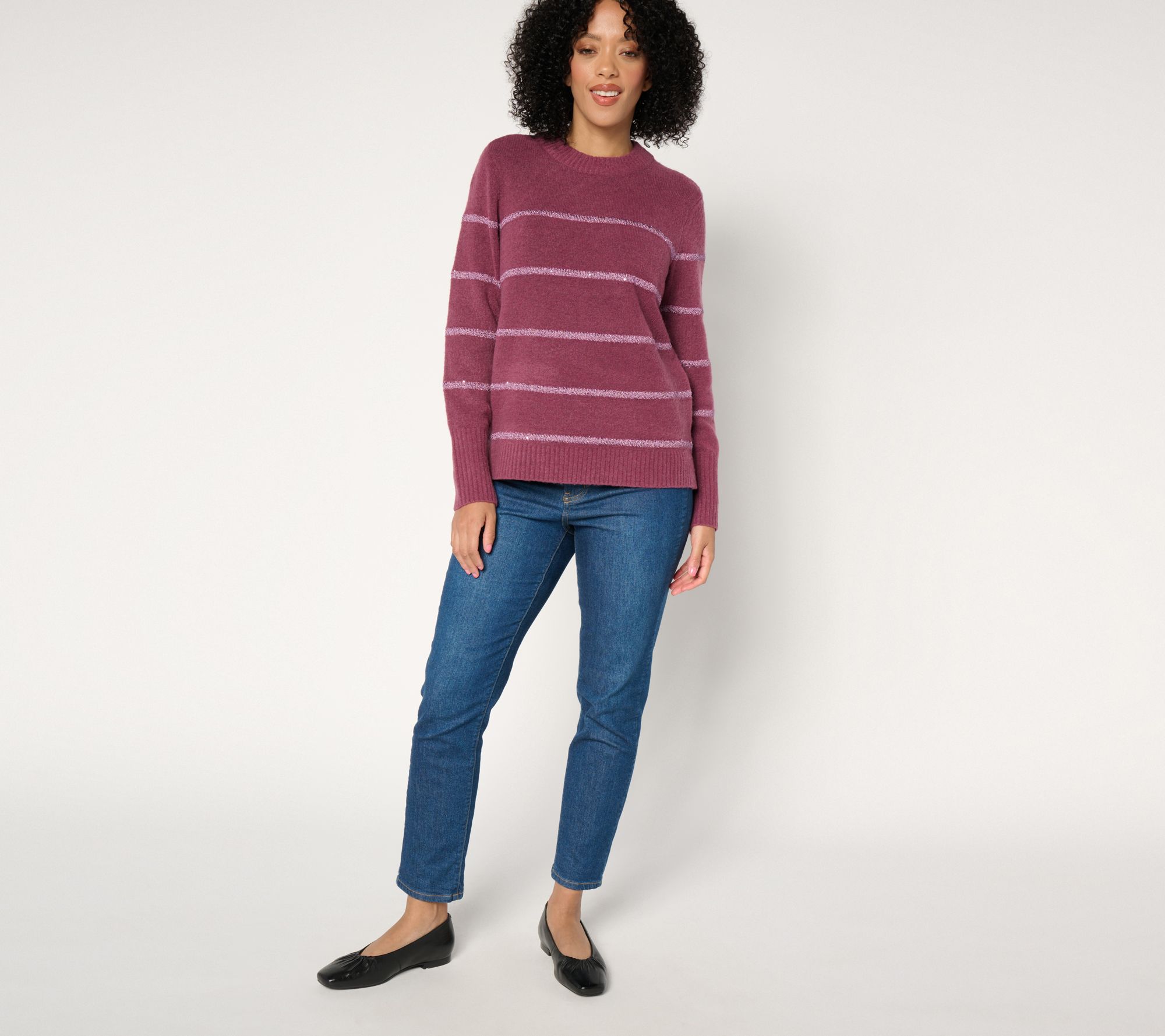 Isaac Mizrahi Live! Apres Mini Sequin Stripe Pullover Sweater