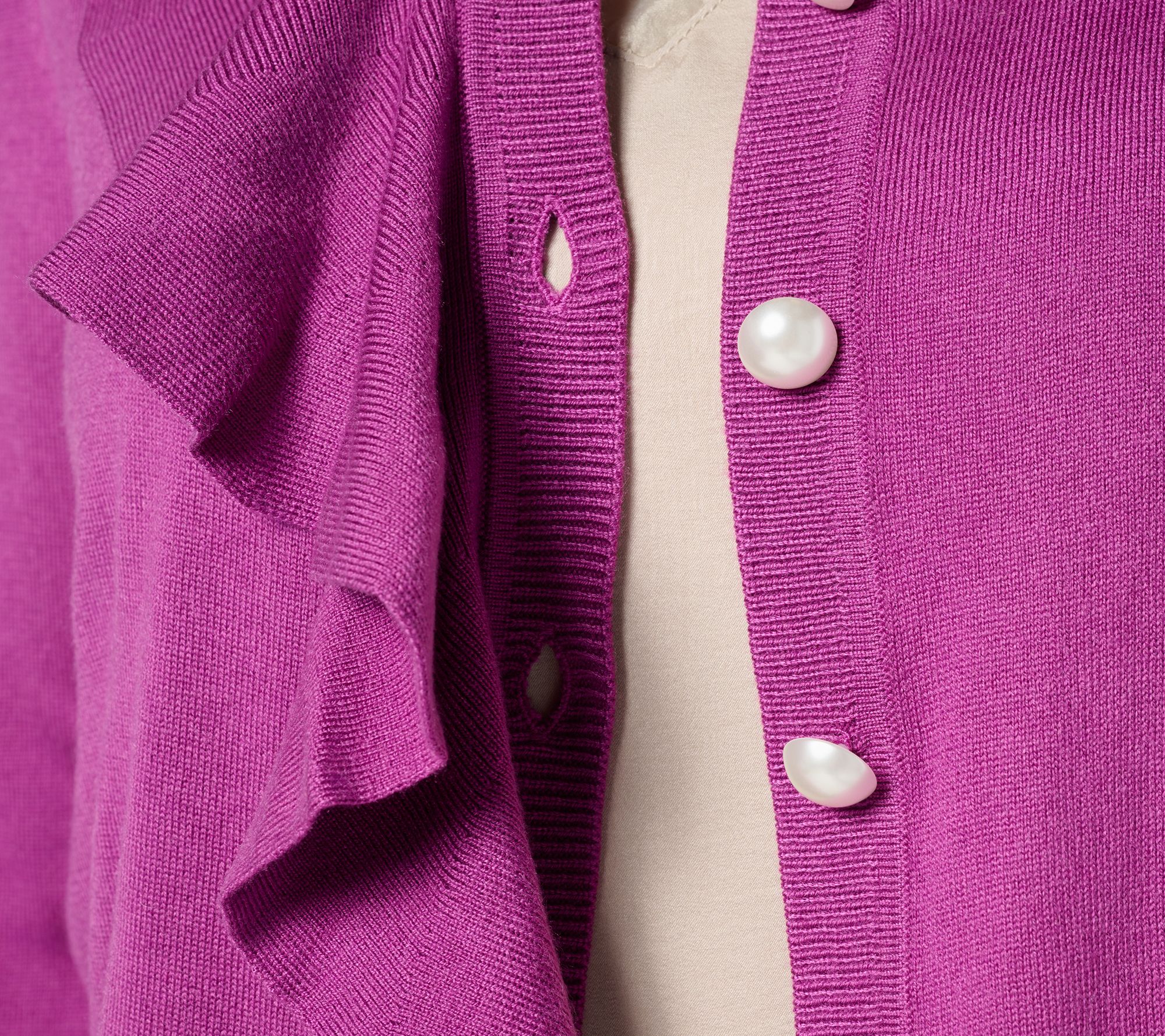 by Stacy London Ruffle Cardigan with Faux Pearl Buttons