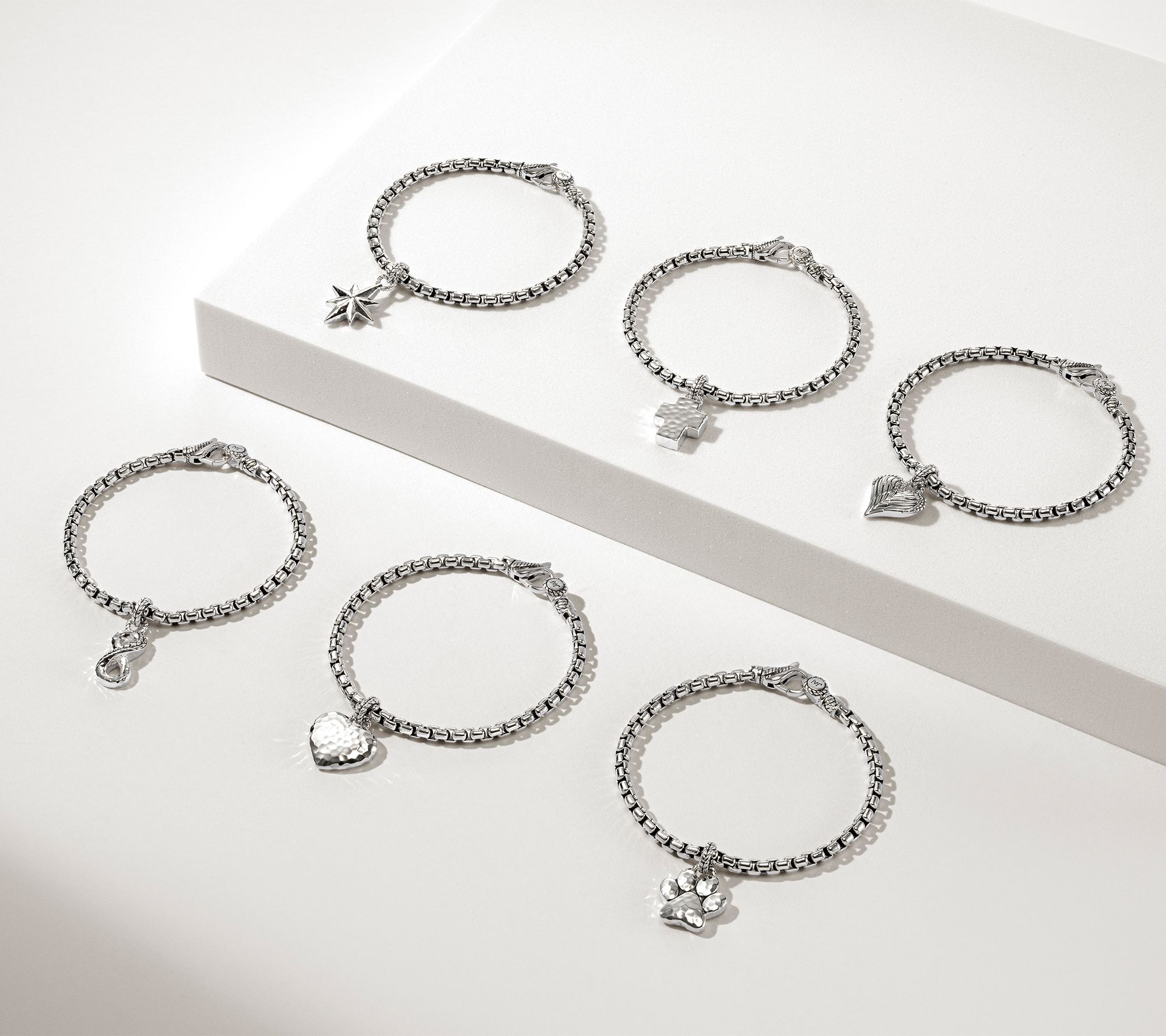 JAI Sterling Silver Symbols of Love 3.7mm Box Chain Charm Bracelet