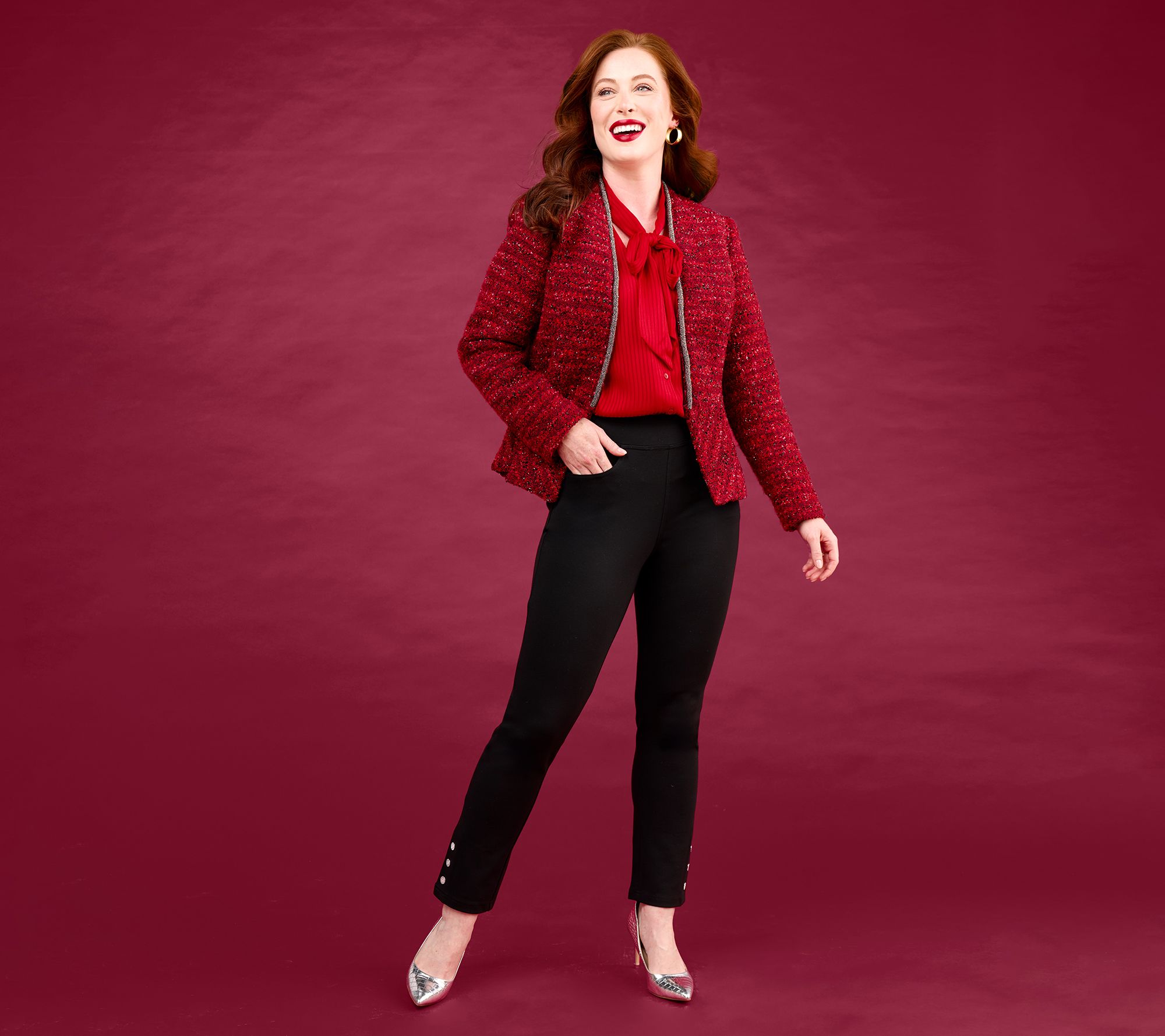 Jingle Belles by KimGravel Regular Ponte Sparkle Button Ankle Pant