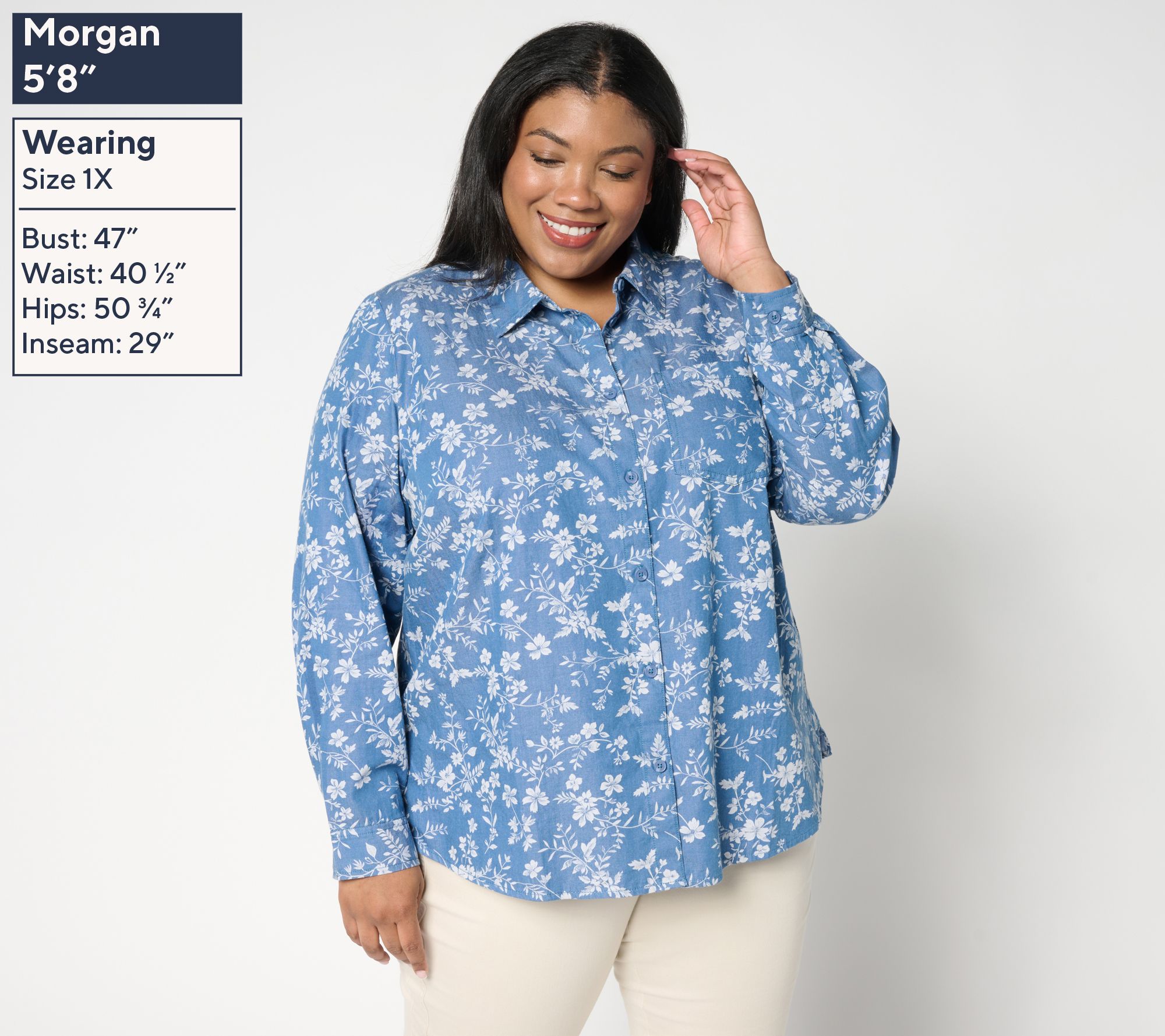 Joan Rivers Cotton Chambray Floral Classic Button Front Shirt