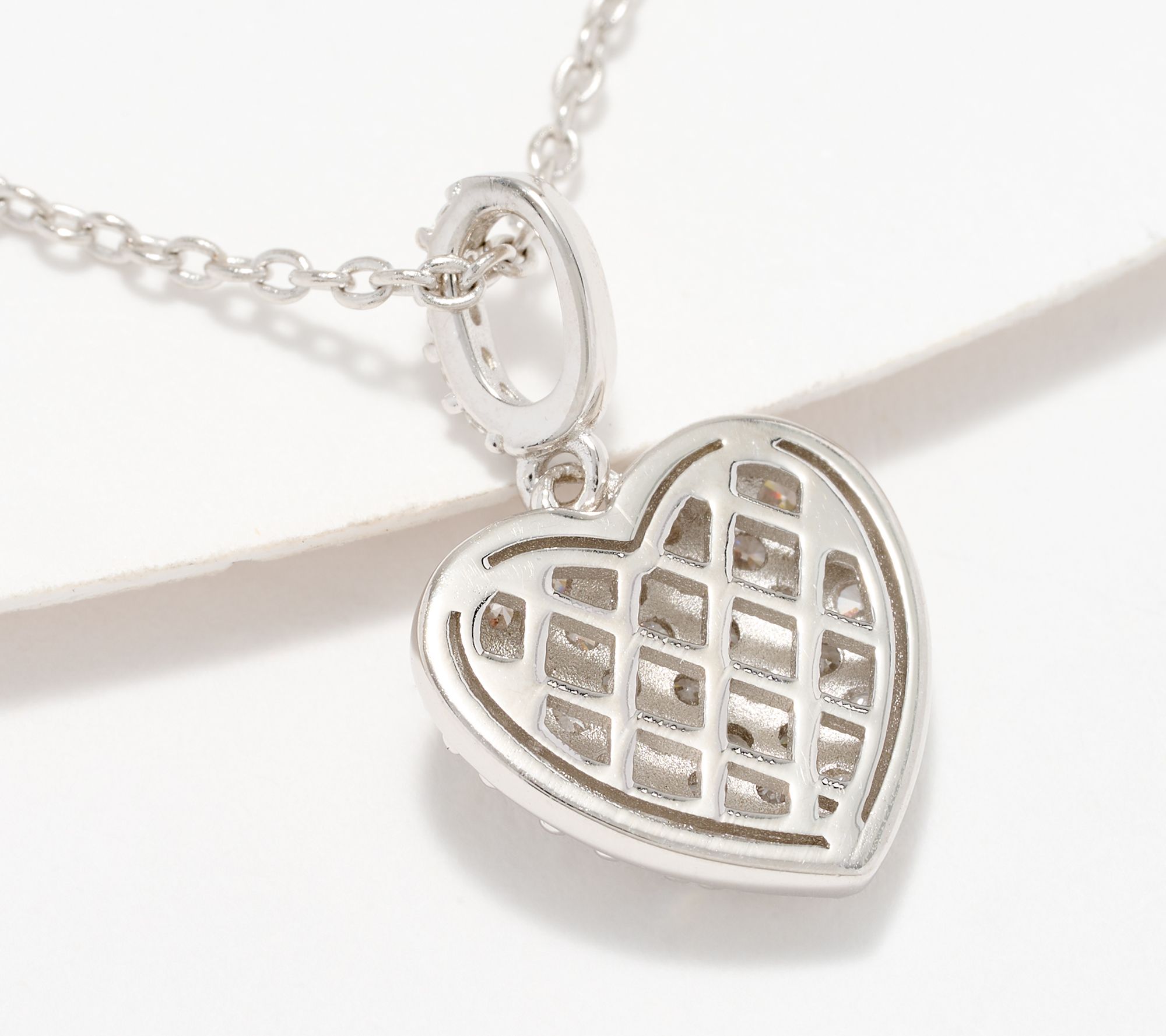 Diamonique Sterling Silver Puffy Pave Heart Necklace with Gift Box