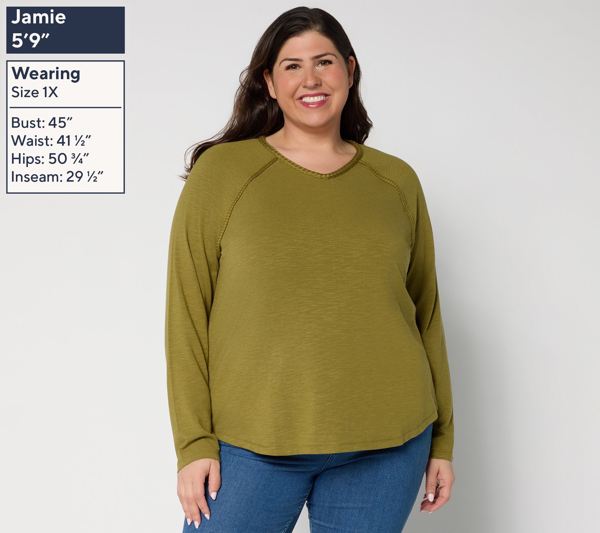 Belle Boho by Kim Gravel Slub Knit Braided Raglan V-Neck Top