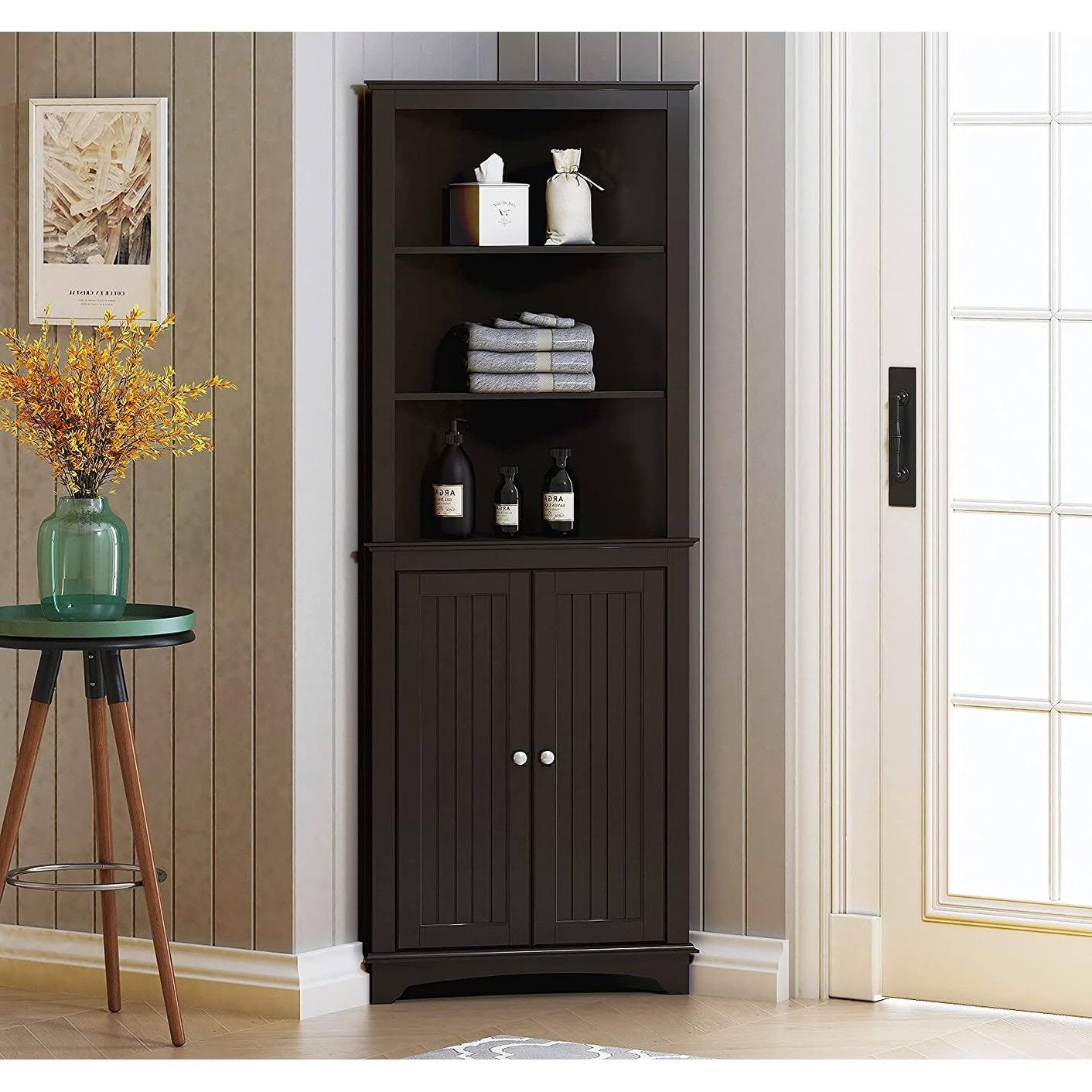 Spirich -Bathroom Storage,Tall Corner Cabinet with 2 Doors and 3 Tier Shelves,White - Brown/Black - Painted