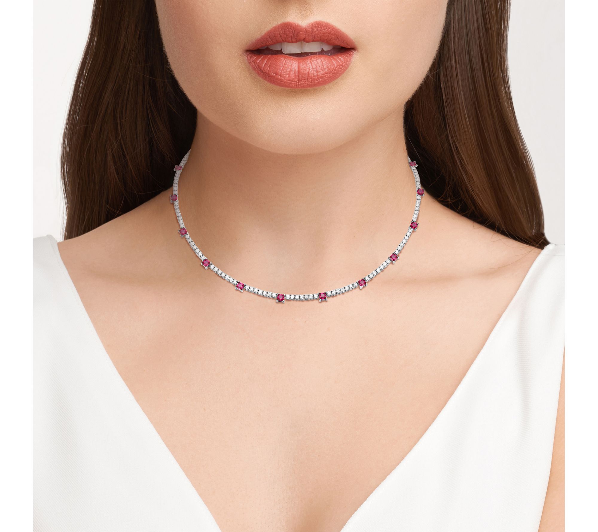 Ruby & Moissanite Necklace, Rhodium Plated Sterling Silver