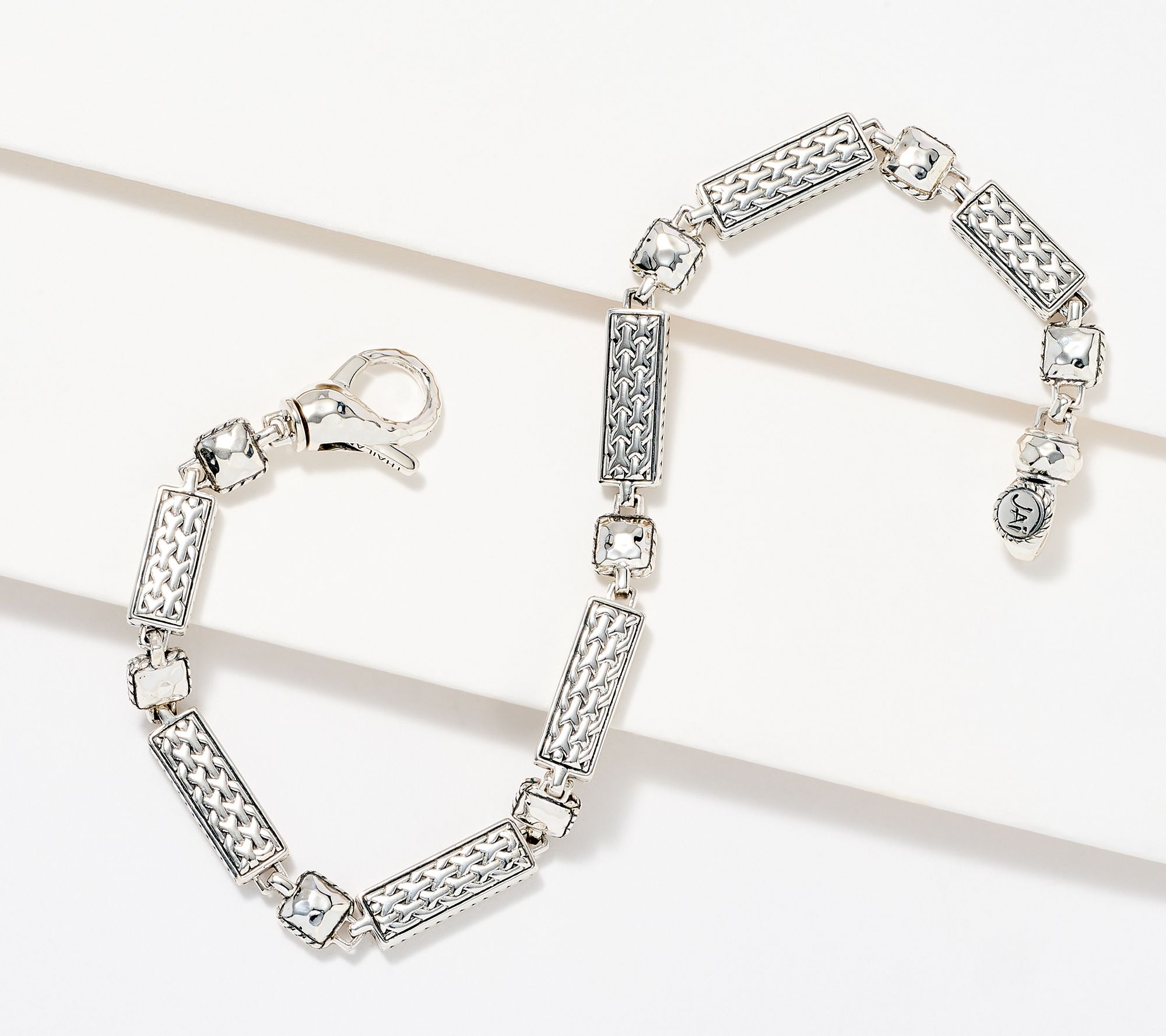 JAI Sterling Silver Crane and Hammered Link Bracelet, 18.4g