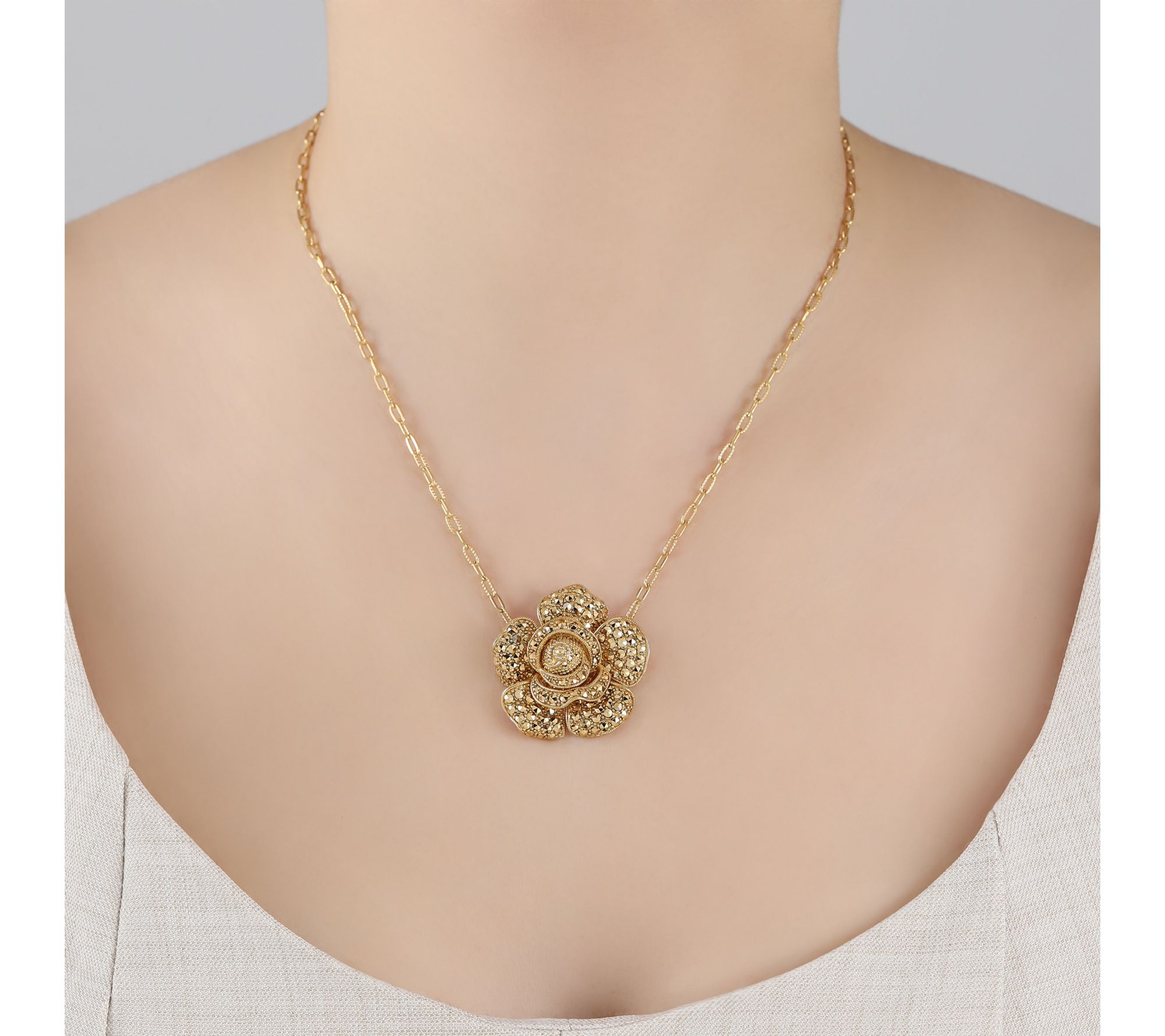 Dallas Prince 14K Gold Clad Chrome Marcasite Rose Necklace