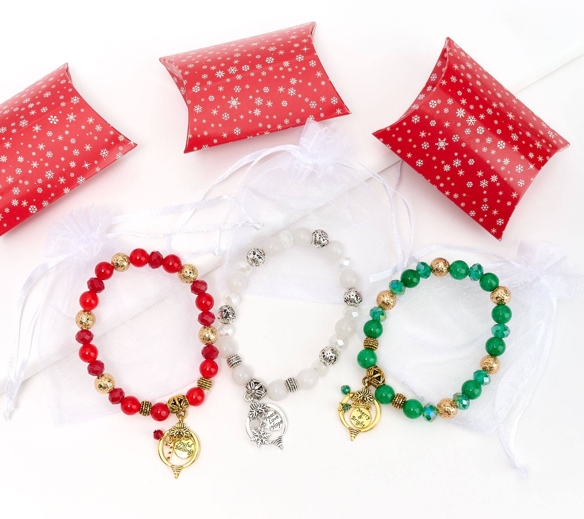 Zorbitz Set of 3 Lava Bead & Gemstone Holiday Charm Bracelet