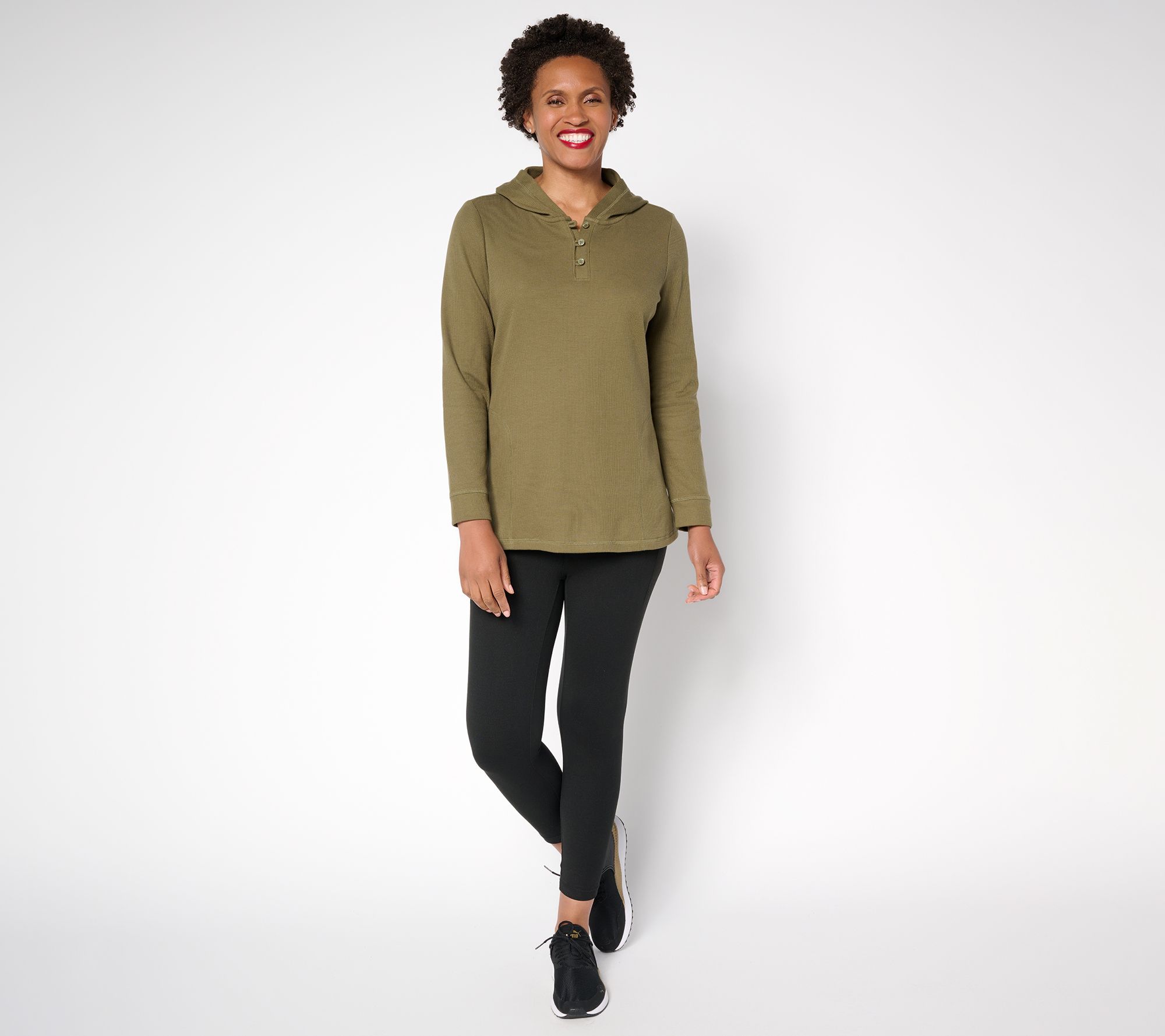 Denim & Co. Active Regular Waffle Knit Hooded Henley Tunic