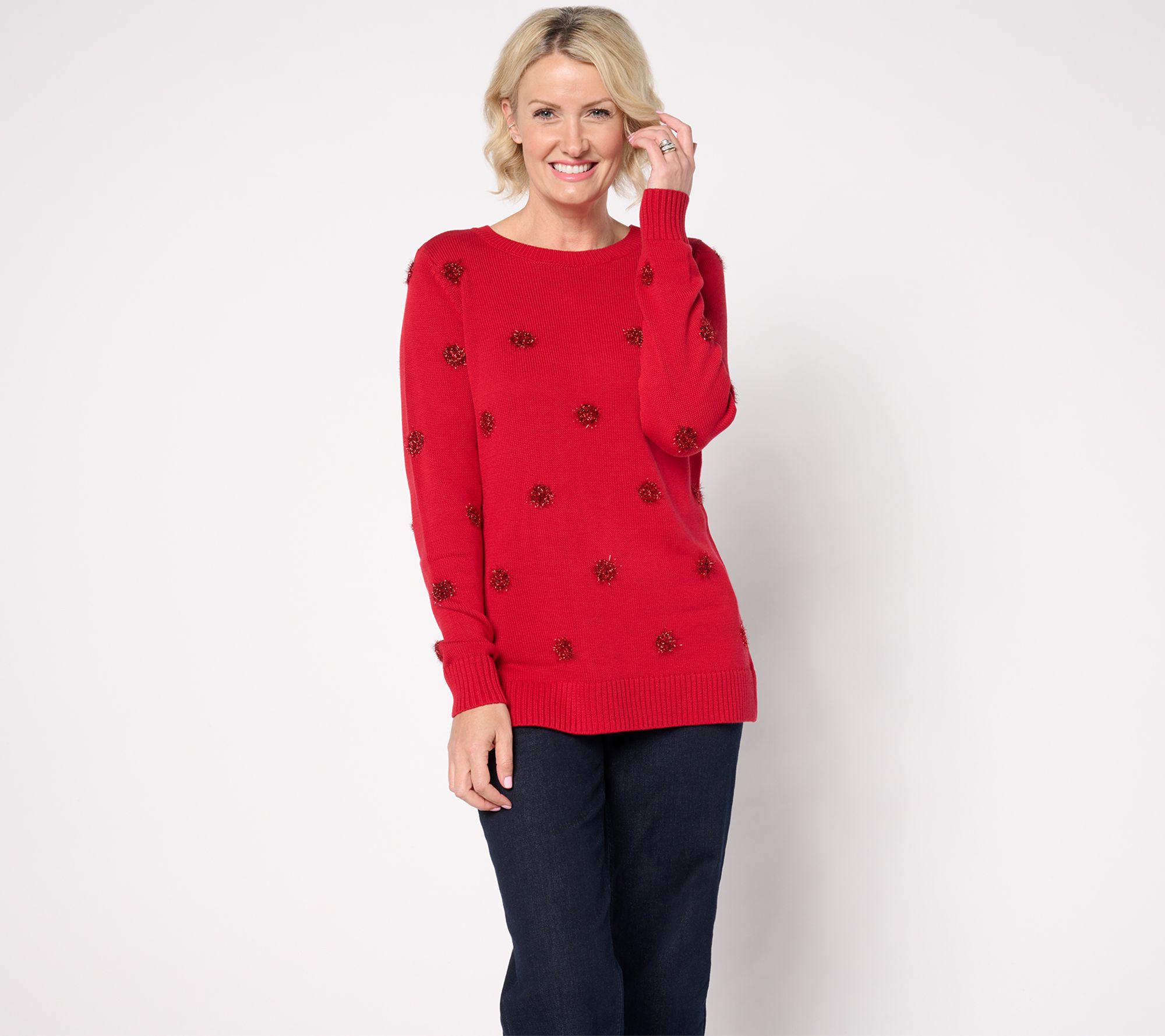 Jingle Belles by Kim Gravel Tinsel Dots Bateau Neck Sweater