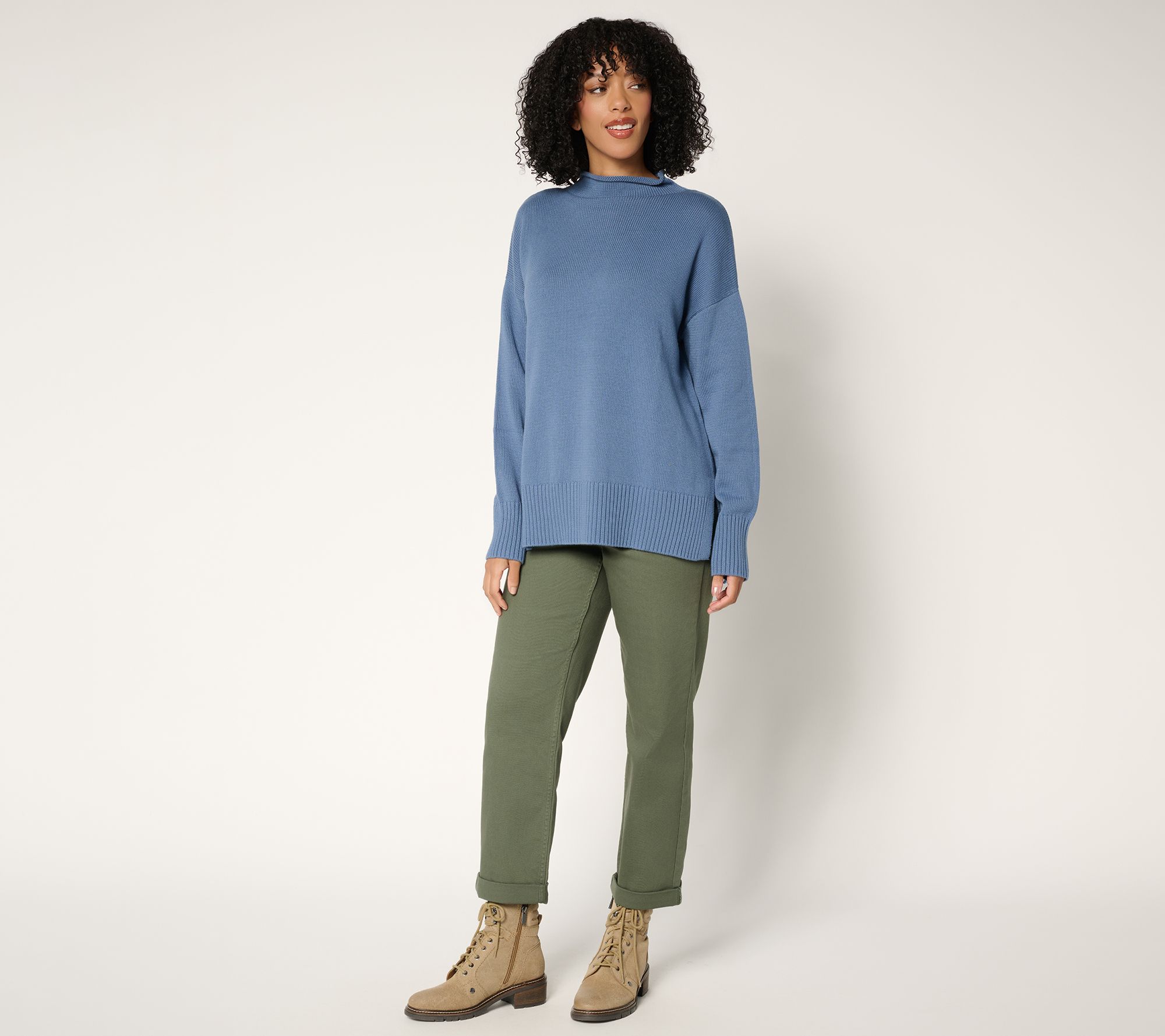 LOGO by Lori Goldstein 100% Cotton Funnel Neck Hi-Low Sweater