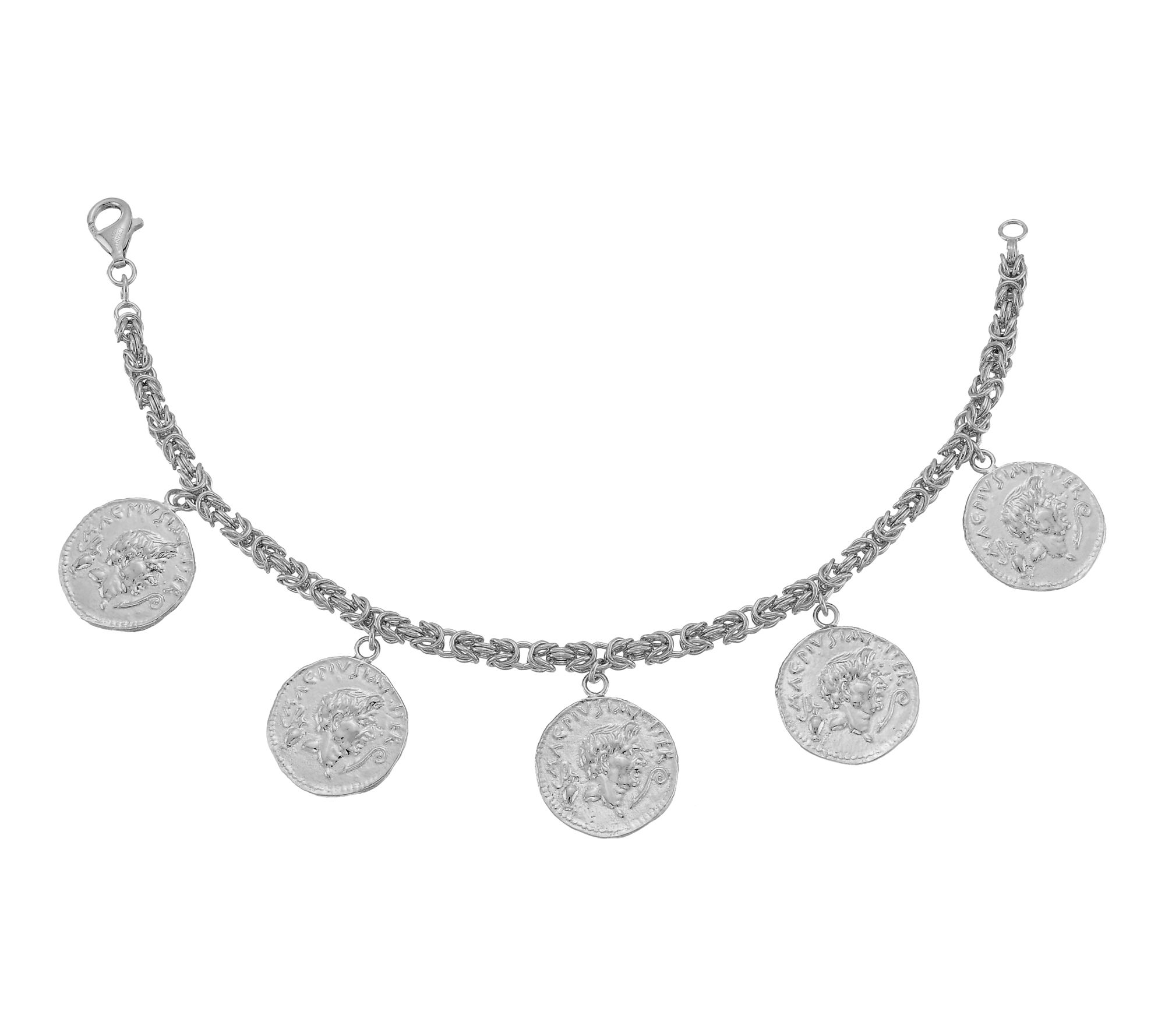 Silver Style Byzantine Dangle Coin Charm Bracelet, Sterling