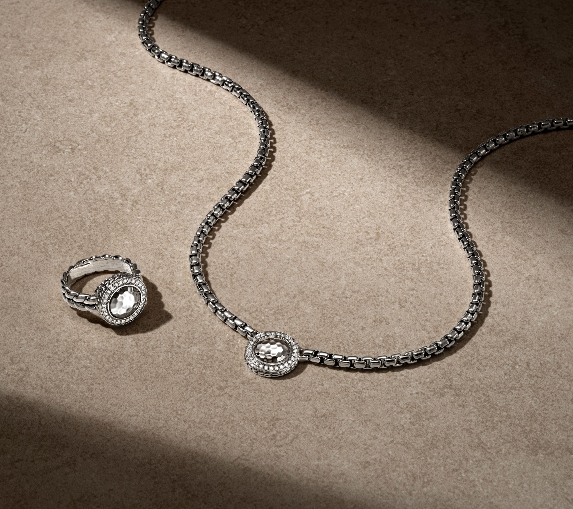 JAI Sterling Silver Hammered Disk & Diamond Box Chain Necklace