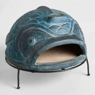 World Market Outdoor Wood Fired Terracotta Pizza Oven w/Metal Grill Stand Blue Fish Sculpture 538465
