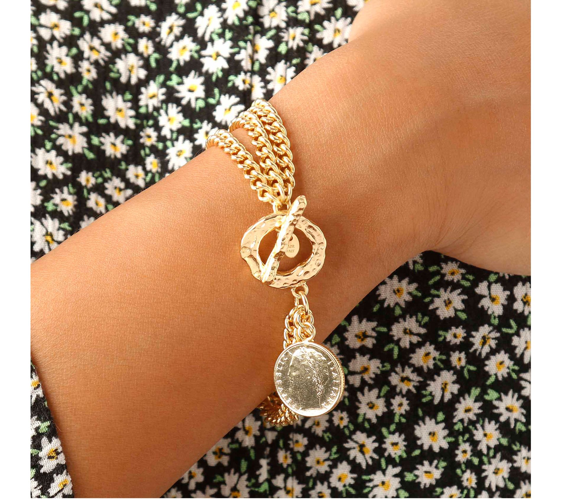 Bronzo Italia Triple Strand Curb Link Bracelet with Lira Charm