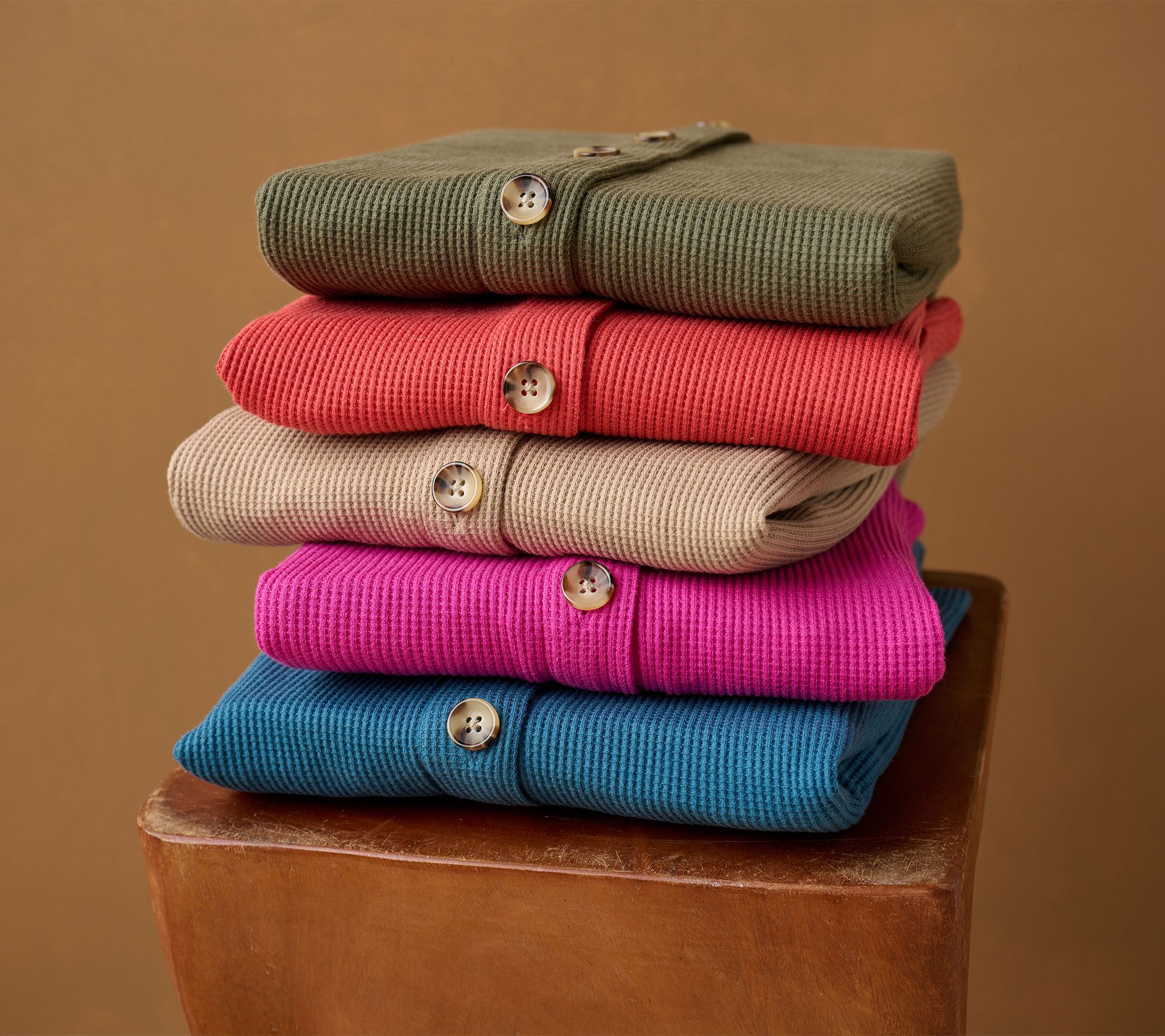 Belle by Kim Gravel Regular Waffle Knit & Jersey Button Front Top