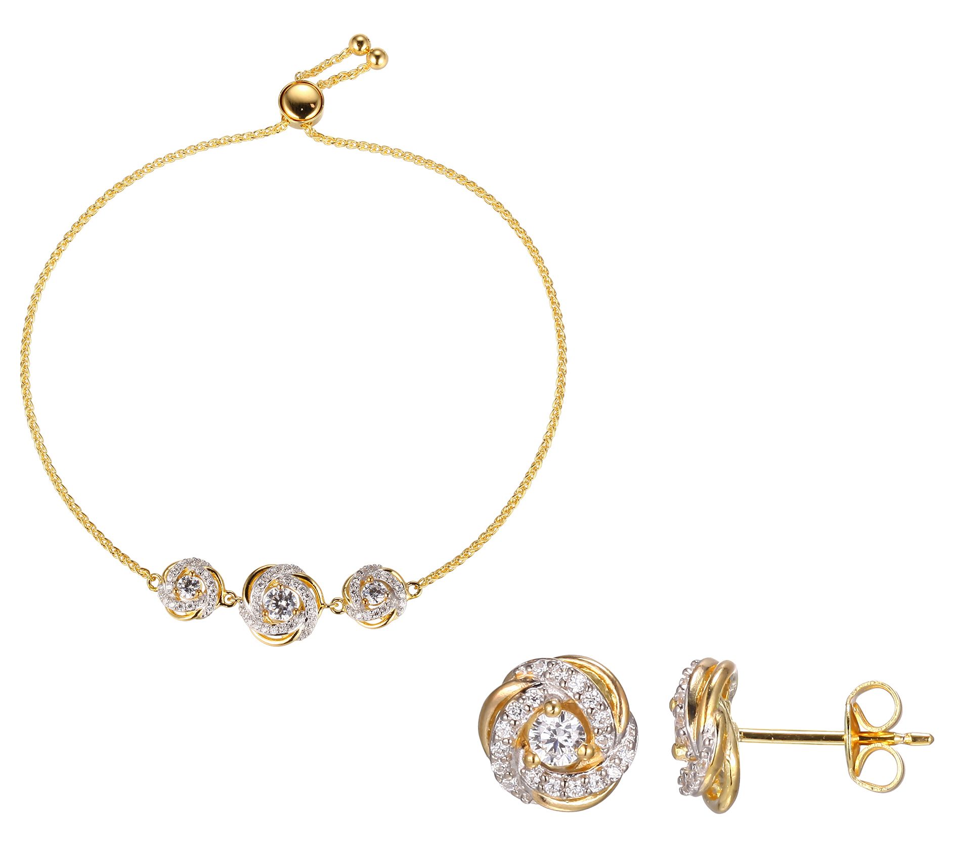 Diamonique Love Knot Bracelet & Earring Set, 18Gold Clad