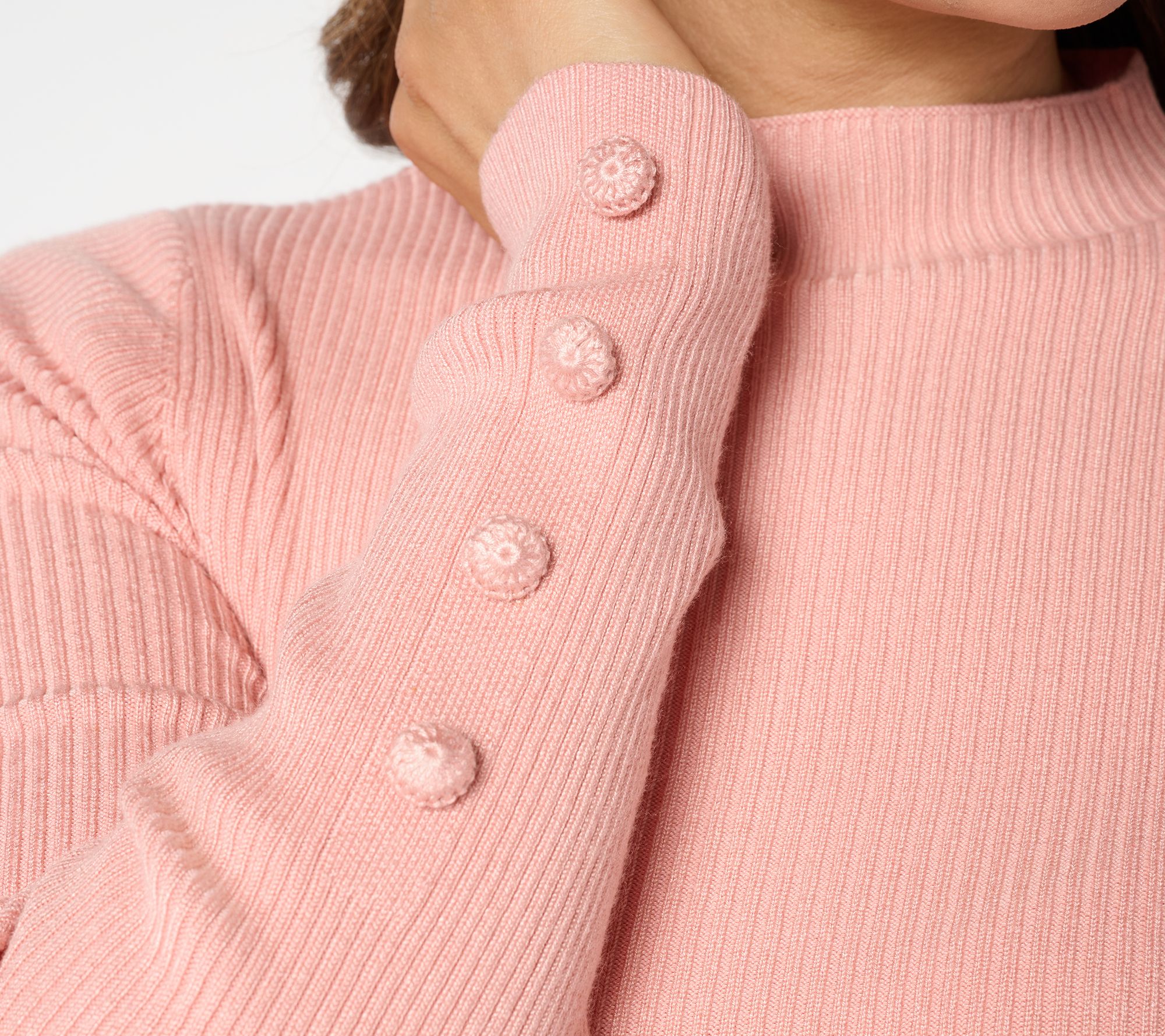 Studio Park x Sandra Bennett Mock Neck Sweater with Covered Buttons
