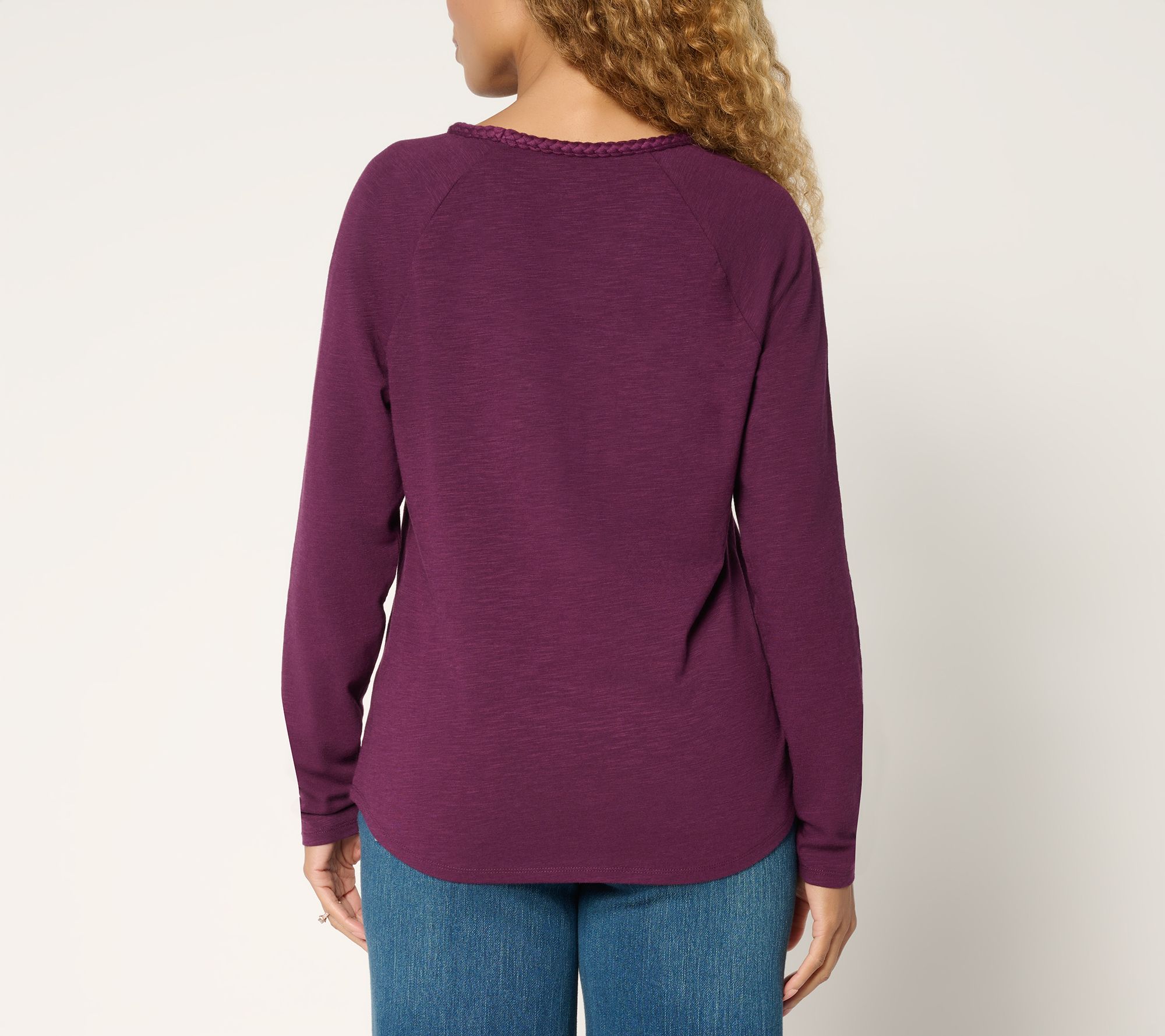 Belle Boho by Kim Gravel Slub Knit Braided Raglan V-Neck Top