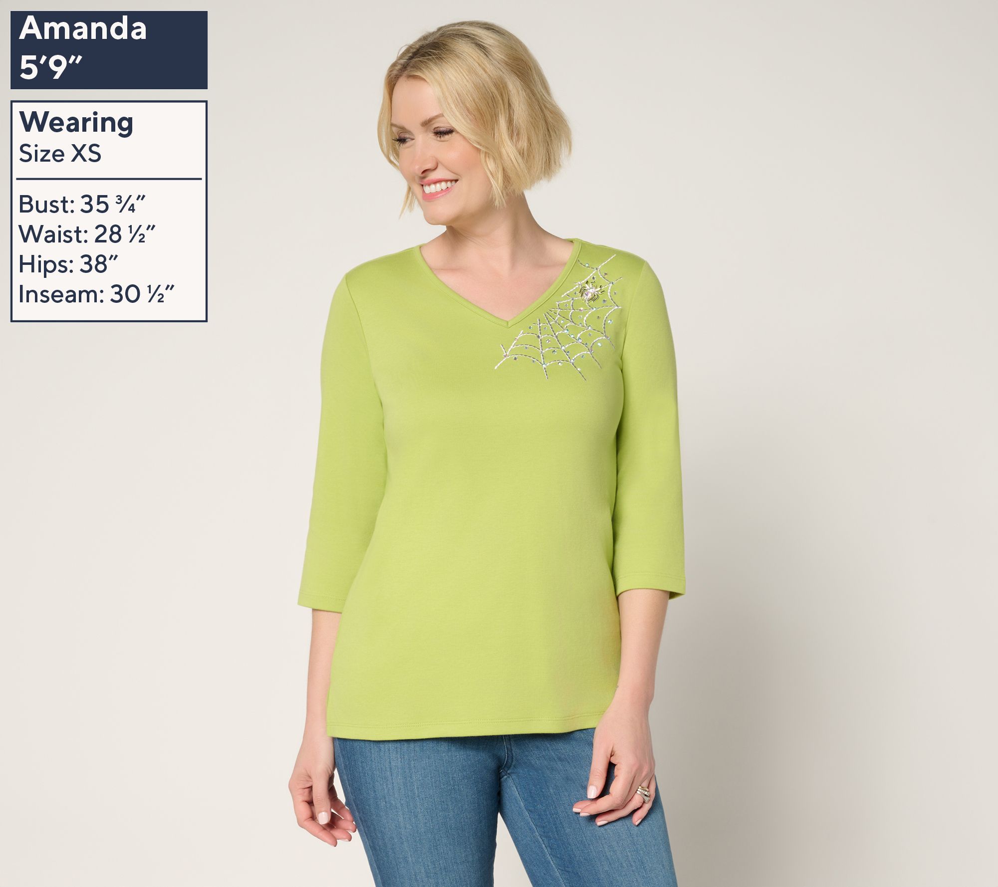 Quacker Factory The Web Embroidered V-Neck 3/4 Sleeve Top