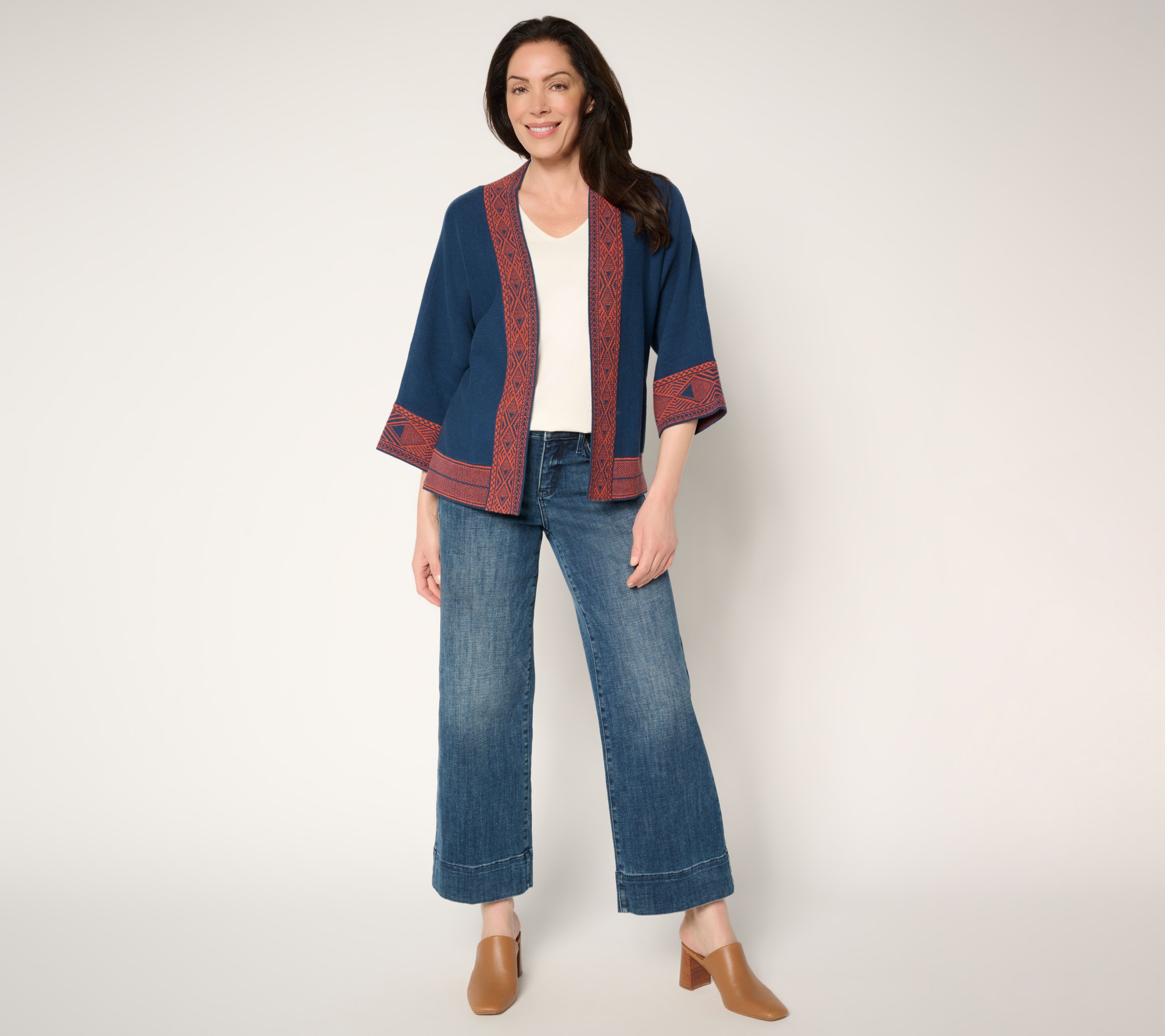Belle Boho by Kim Gravel Border Trim Open Front Cardigan