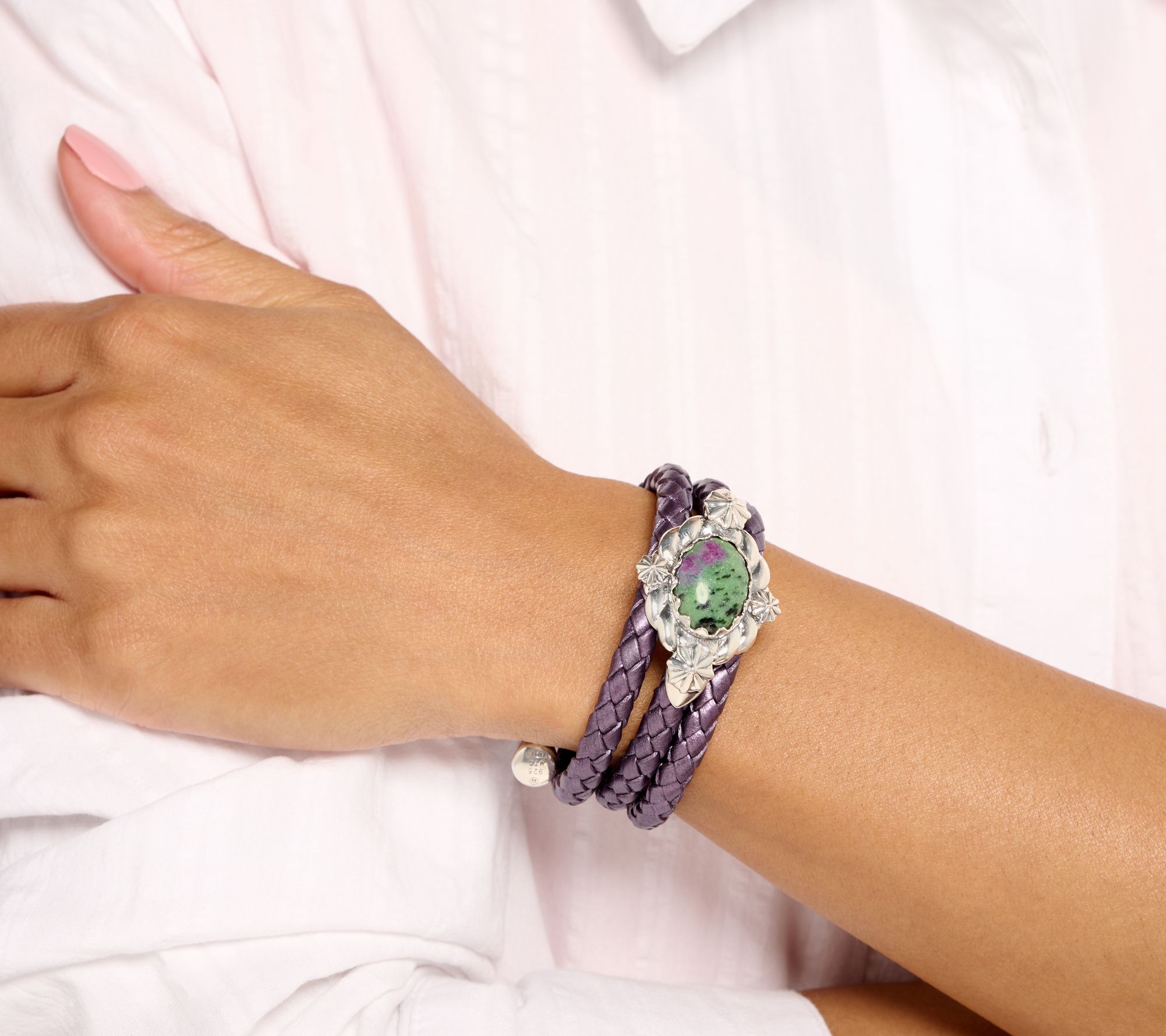 American West Sterl & Leather East-West Gemstone Coil Bracelet