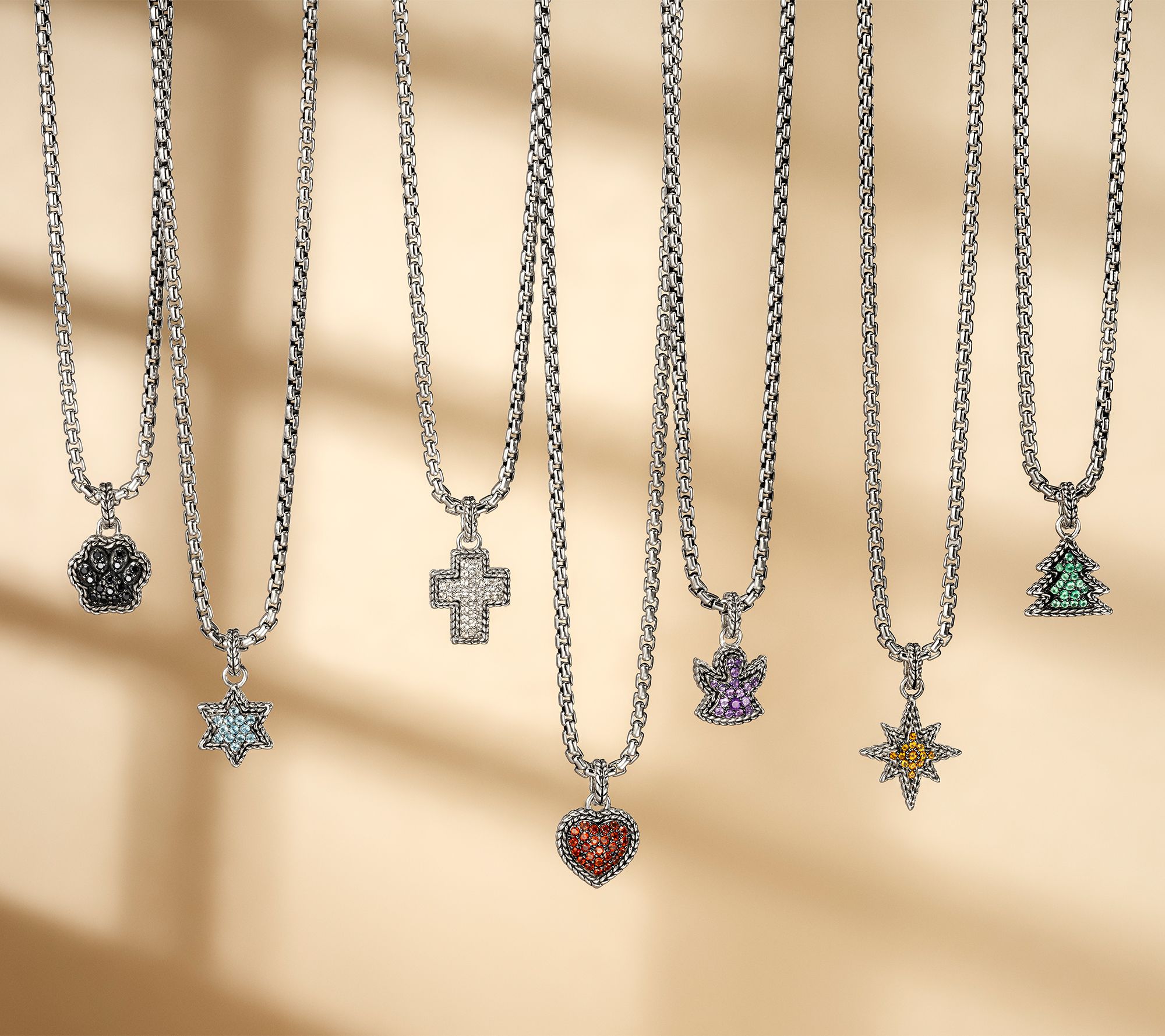 JAI Sterling Silver Pave Gemstone Symbols of Love Charm Necklace