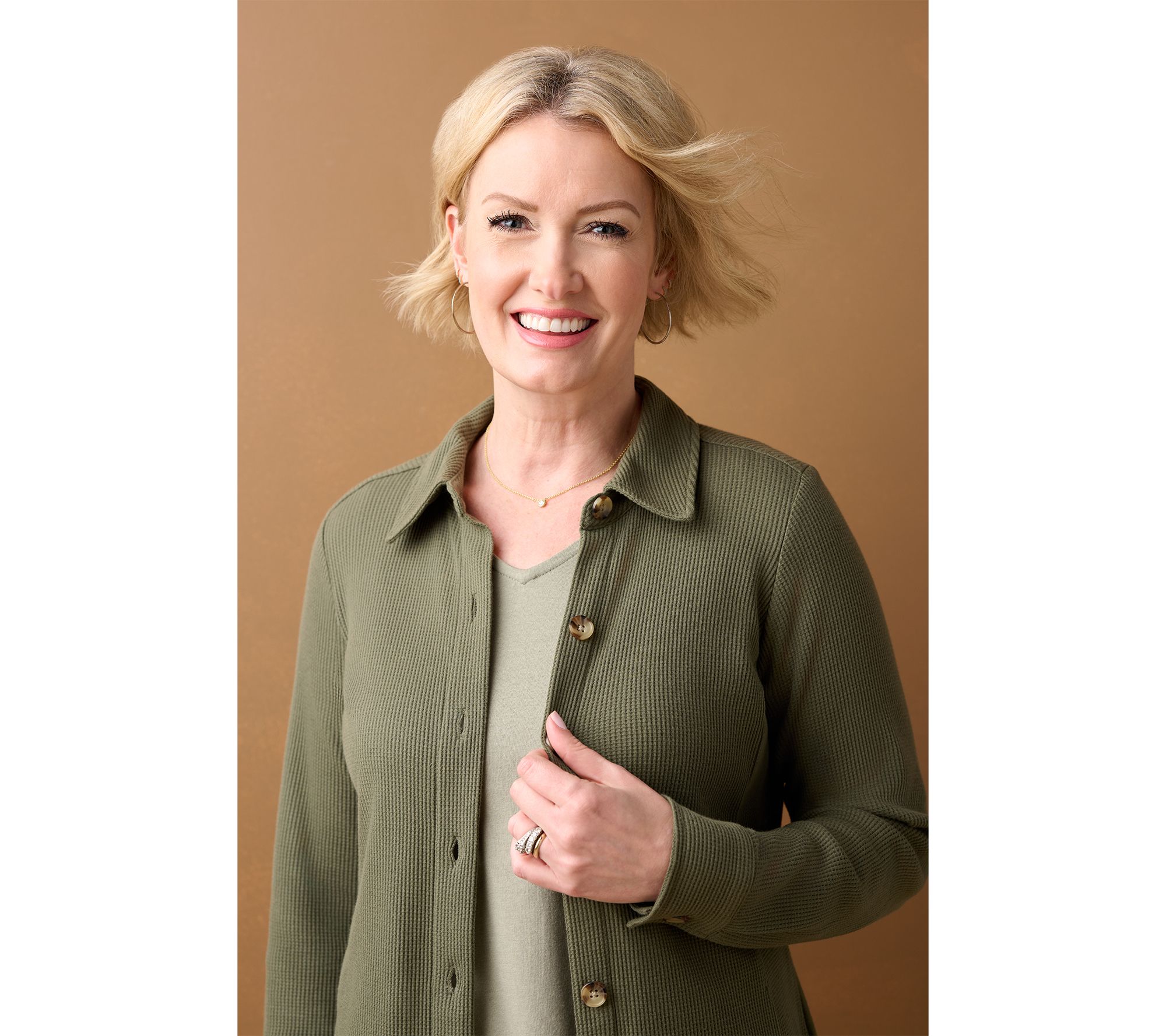 Belle by Kim Gravel Regular Waffle Knit & Jersey Button Front Top