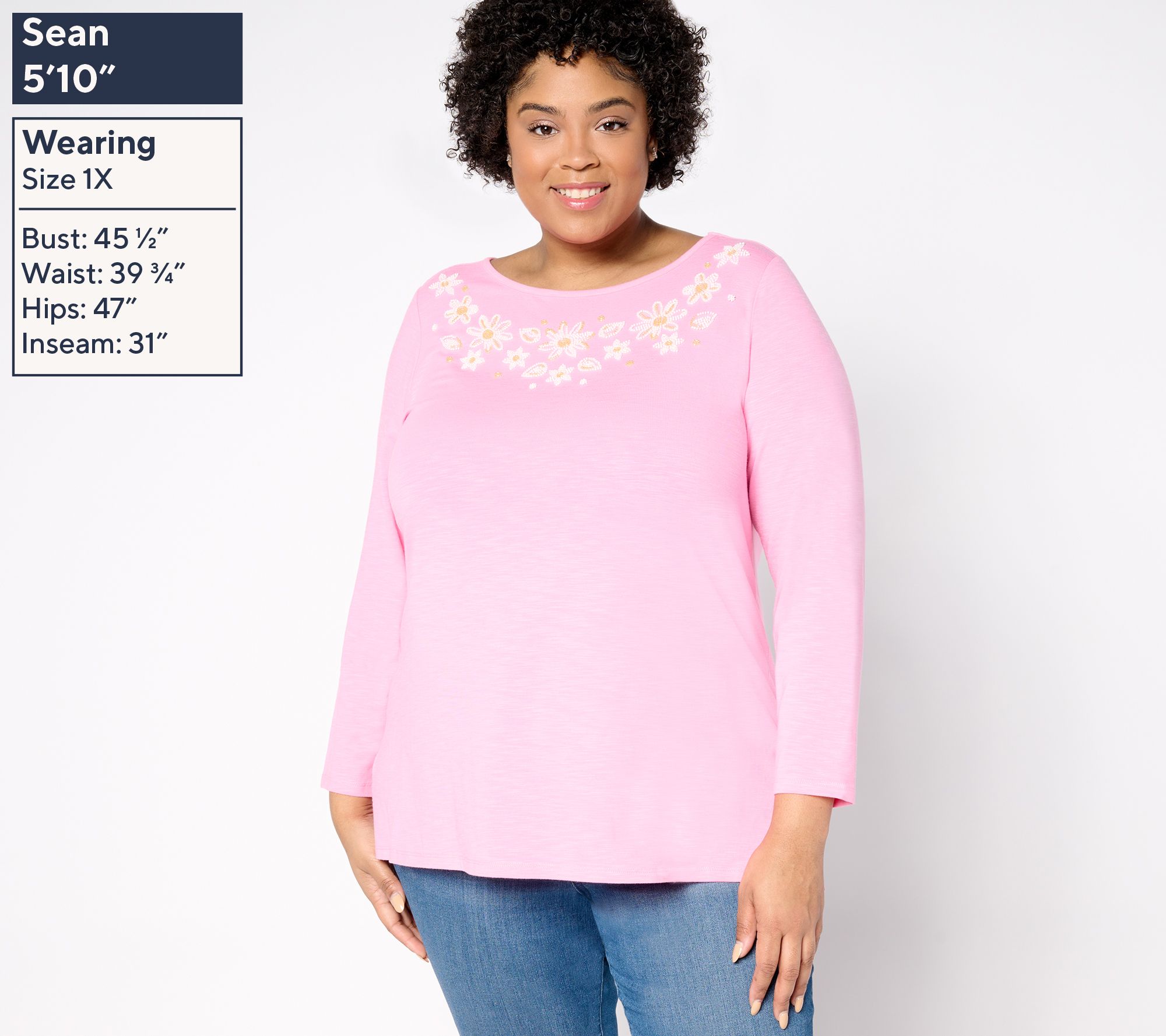 Quacker Factory Forget Me Not Beaded Bateau Long Sleeve Top