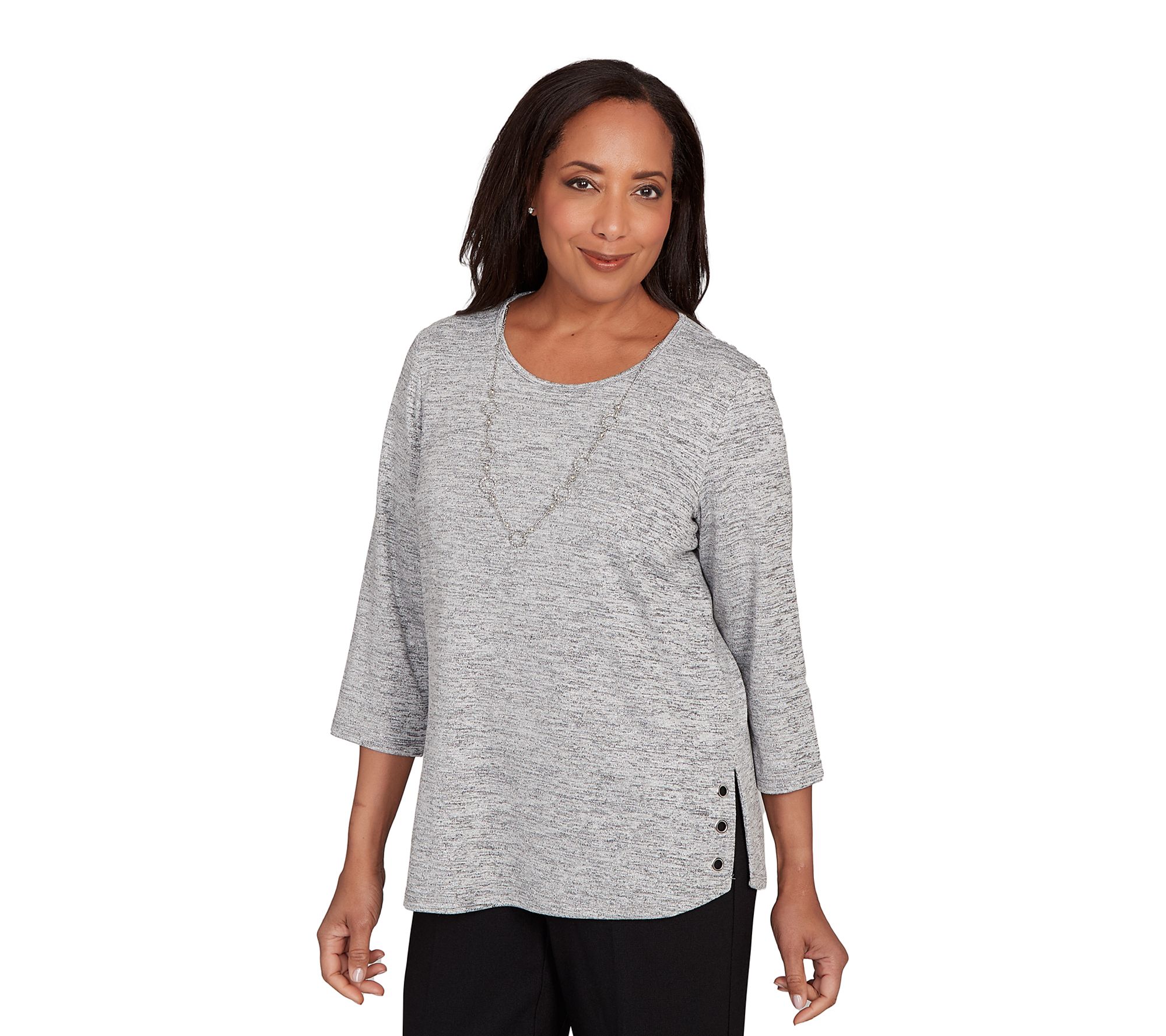 Alfred Dunner Melange Side Button Top with Necklace