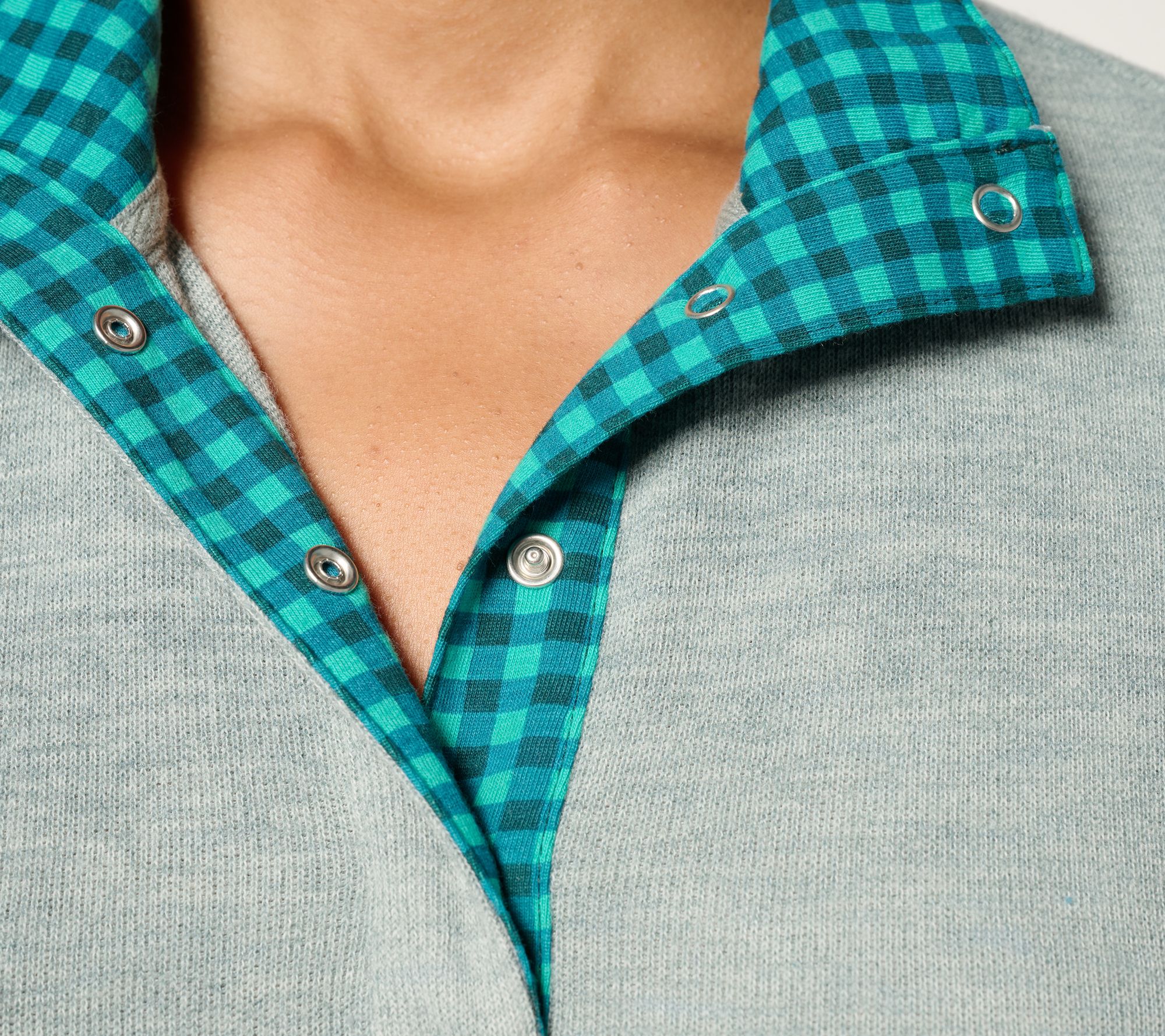 Denim & Co. Flat Back Rib Snap Henley Top with Contrast Print