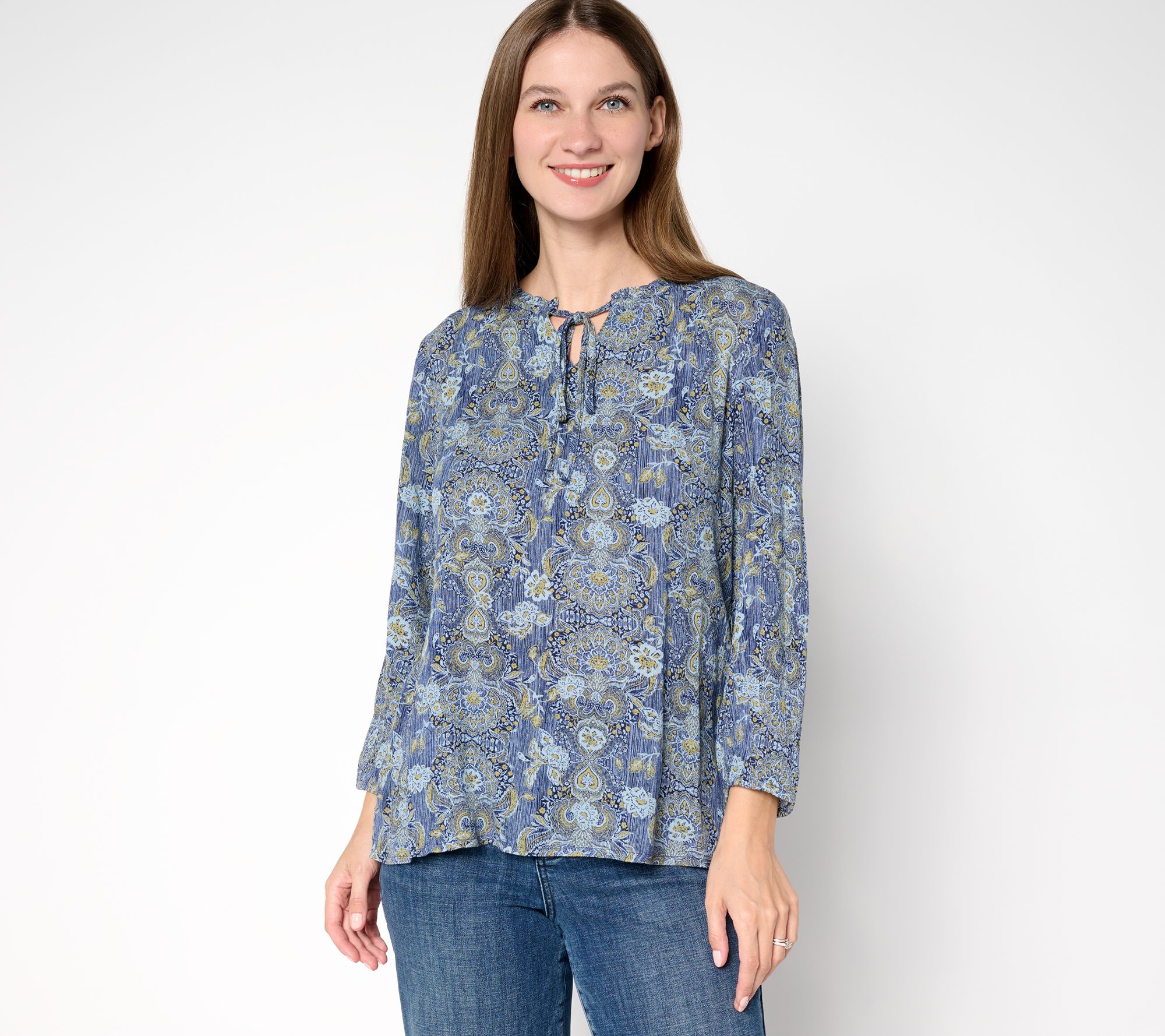 Denim & Co. Printed Bracelet Sleeve Popover Top with Tassels