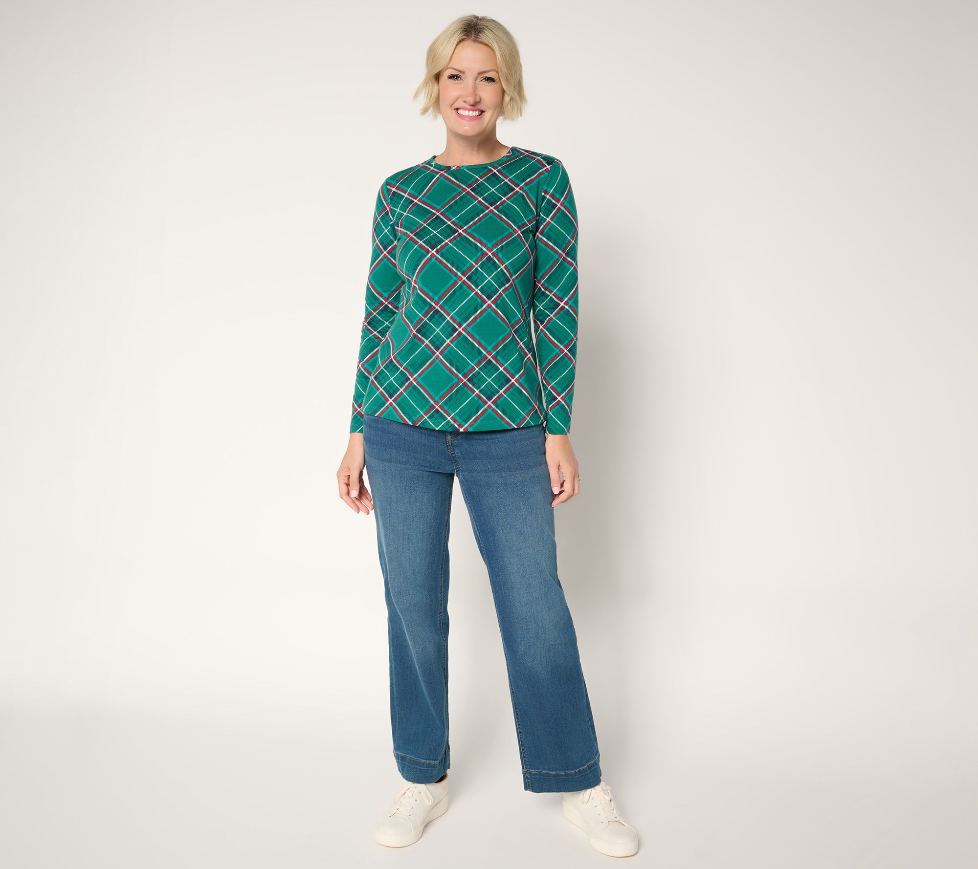 Denim & Co. Plaid Perfect Jersey Crew Neck Top