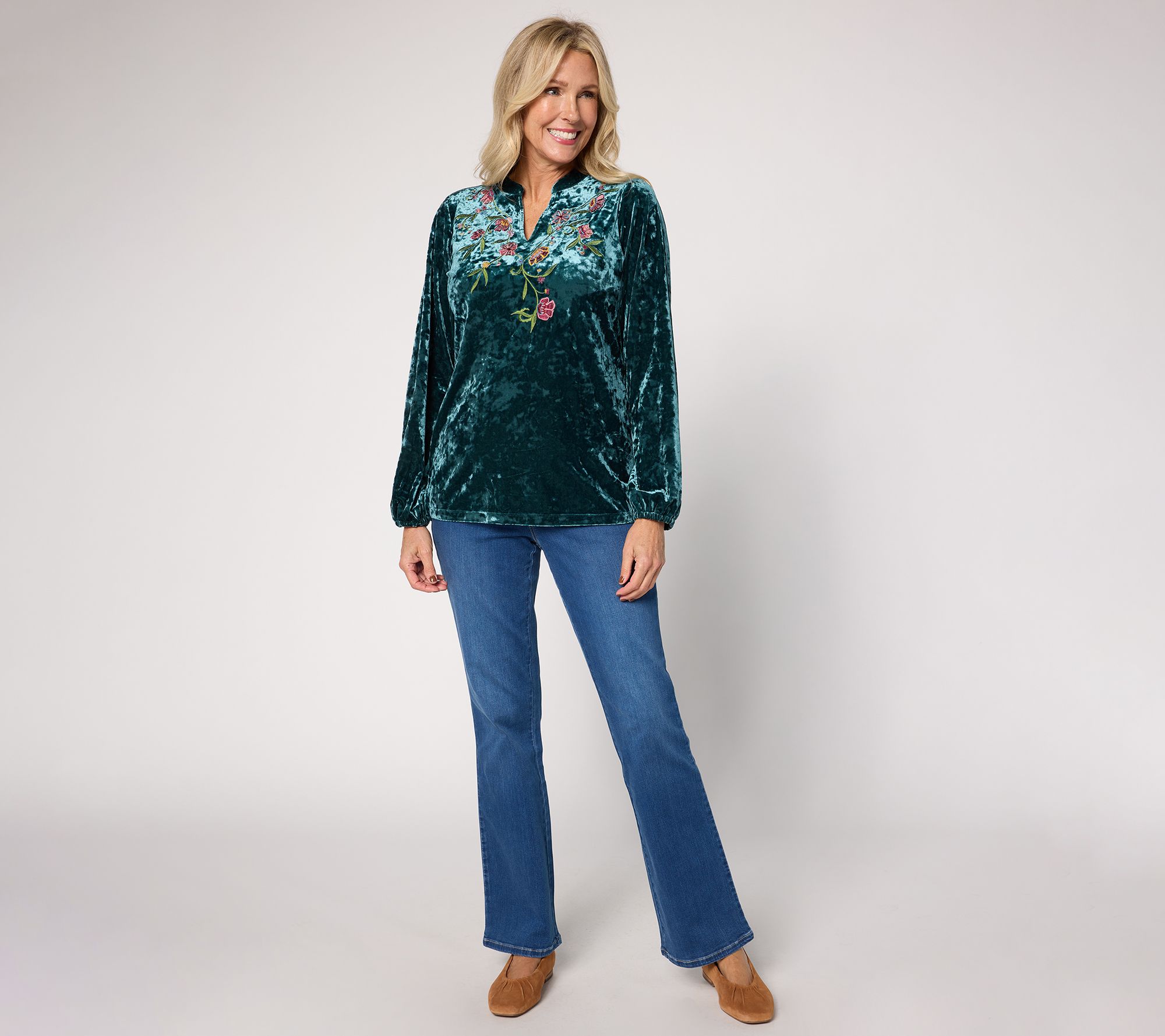 Belle Boho by Kim Gravel Crushed Velvet Embroidered Top