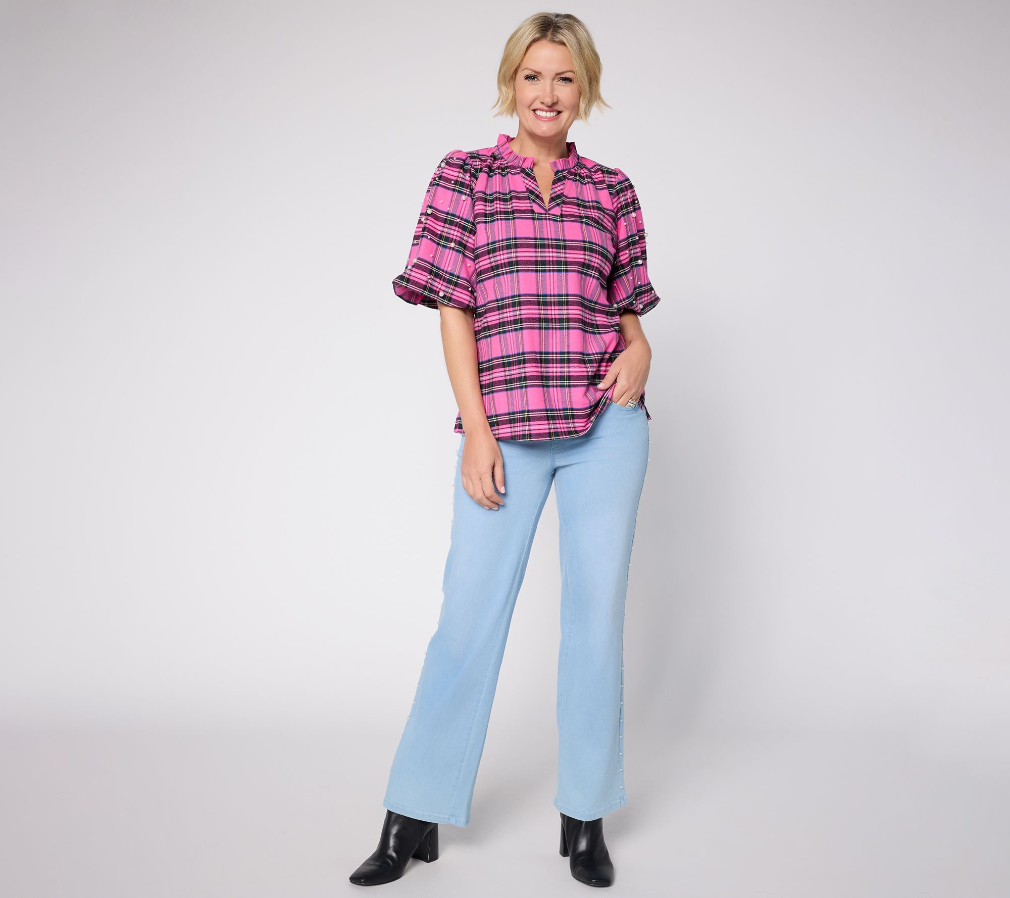 Jingle Belles by Kim Gravel Stretch Tartan Pearl Trimmed Top